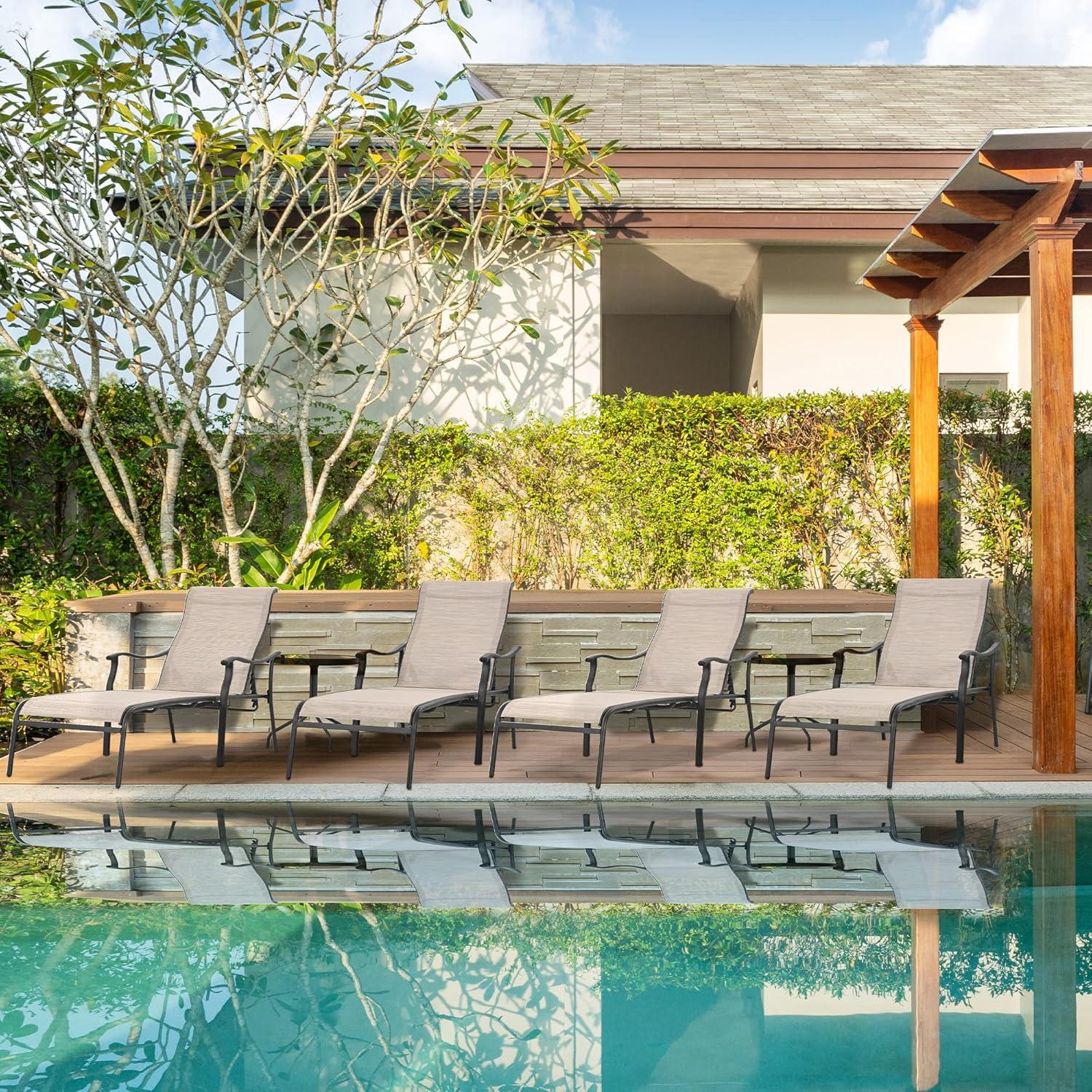 HAPPATIO Patio Chaise Lounge Set 3 Pieces,Patio Lounge Chair with Glass Coffee Table,Pool Lounge Chair with Breathable Textilene Fabric,Patio Chaise Lounge for Patio Backyard Poolside(Gray)