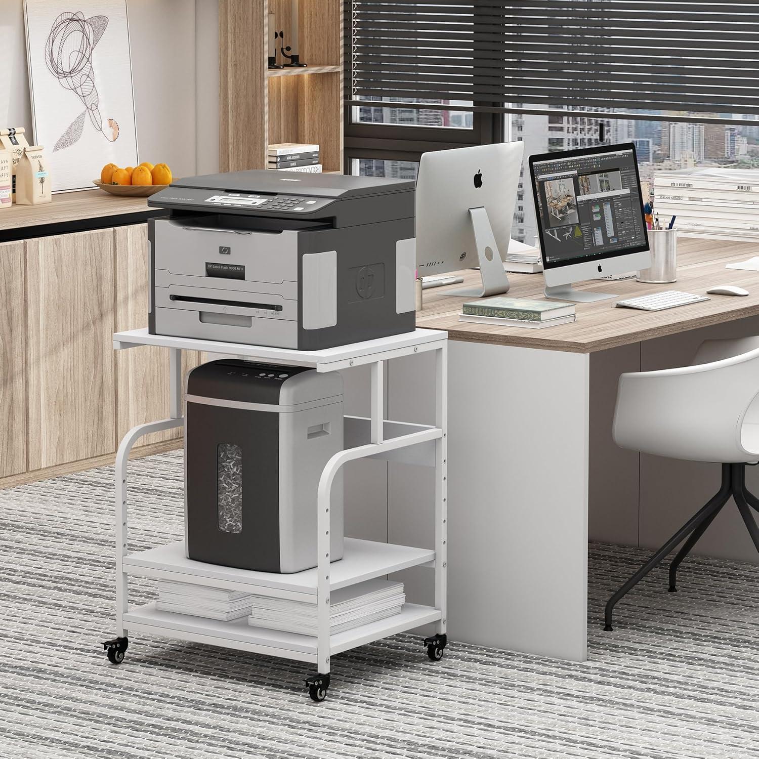 Printer Table, 23.6 x18.9 x 29.5 Inches Large Printer Stand with Height Adjustable Storage Shelf, 3 Tier Rolling Printer Cart Furniture with Wheels for Home Office, White & Black