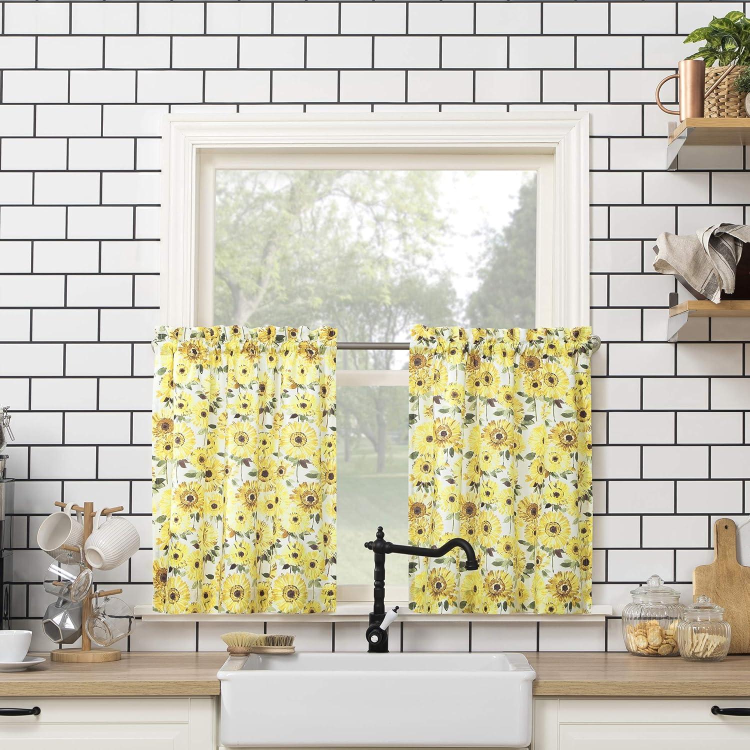 36"x54" Sunflower Print Semi Sheer Rod Pocket Kitchen Curtain Valance and Tiers Set Yellow - No. 918: Floral Botanical Kitchen Curtains