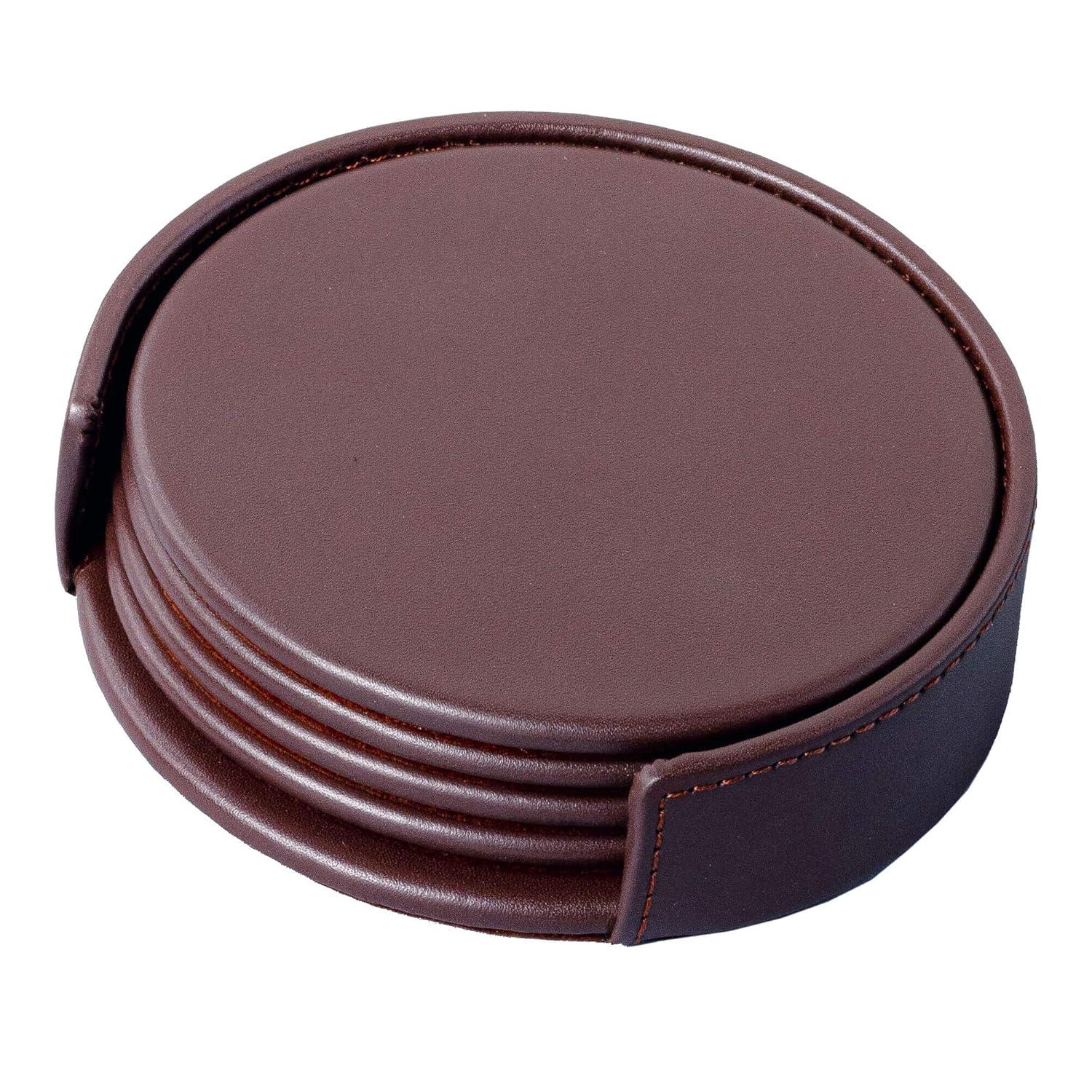 Dacasso A3418 Chocolate Brown Leatherette 4 Coaster Set with Holder