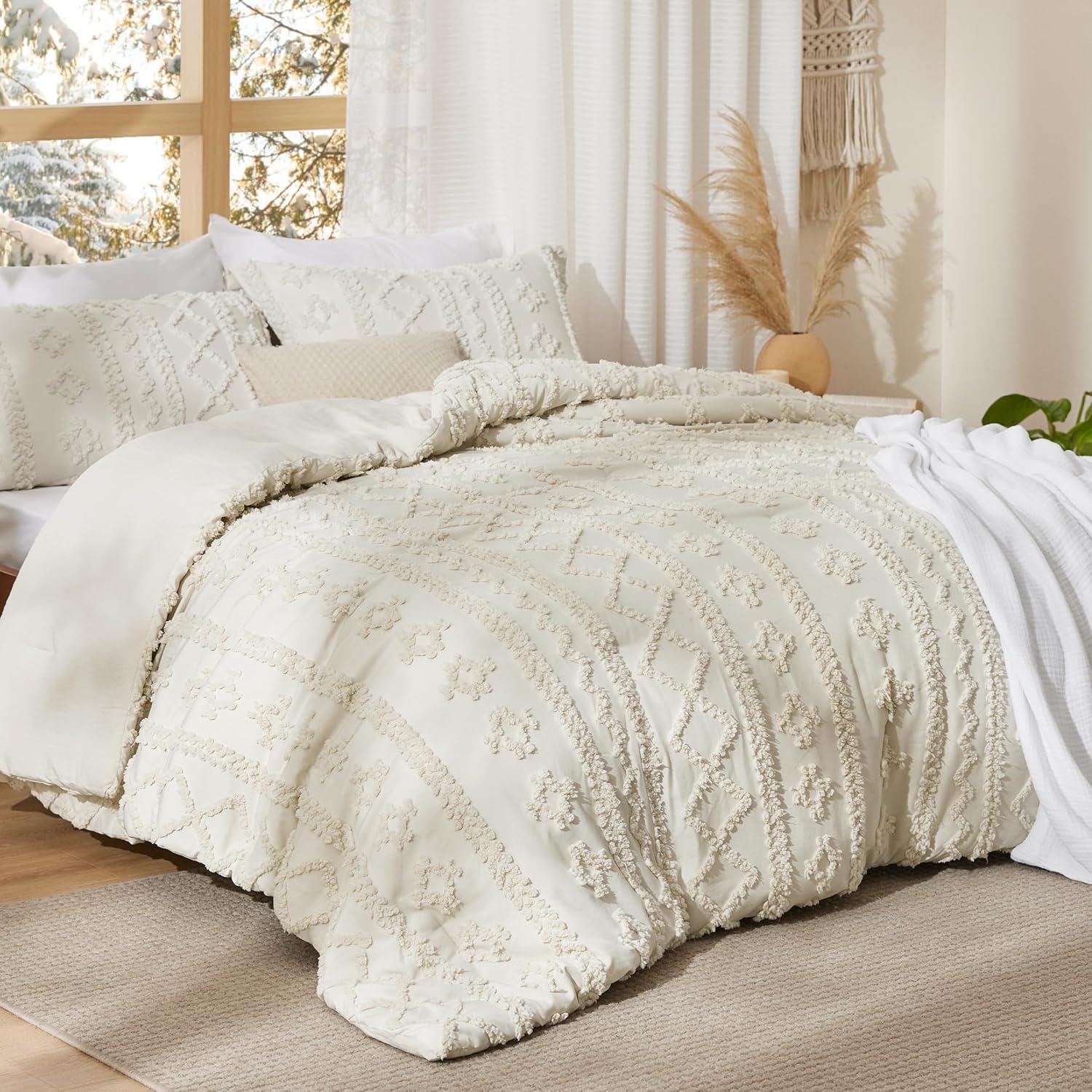 Cozy Comfort Tufted Boho Comforter Set Full, Beige, 3 Pieces Farmhouse Shabby Chic Embroidery Bed Set, Soft Jacquard Comforter for All Seasons