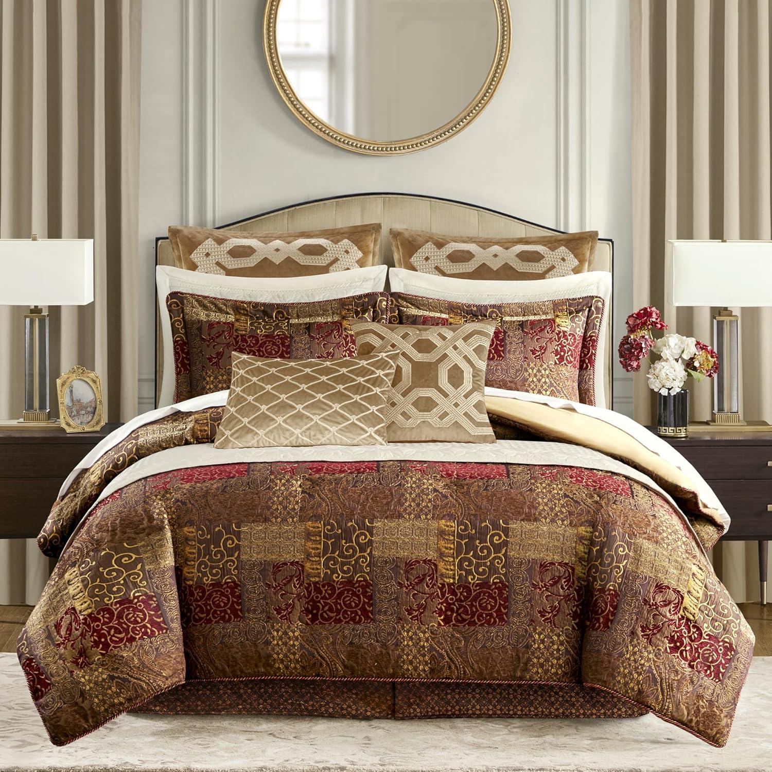 Queen Red Microfiber Patchwork Comforter Set with Shams and Bed Skirt