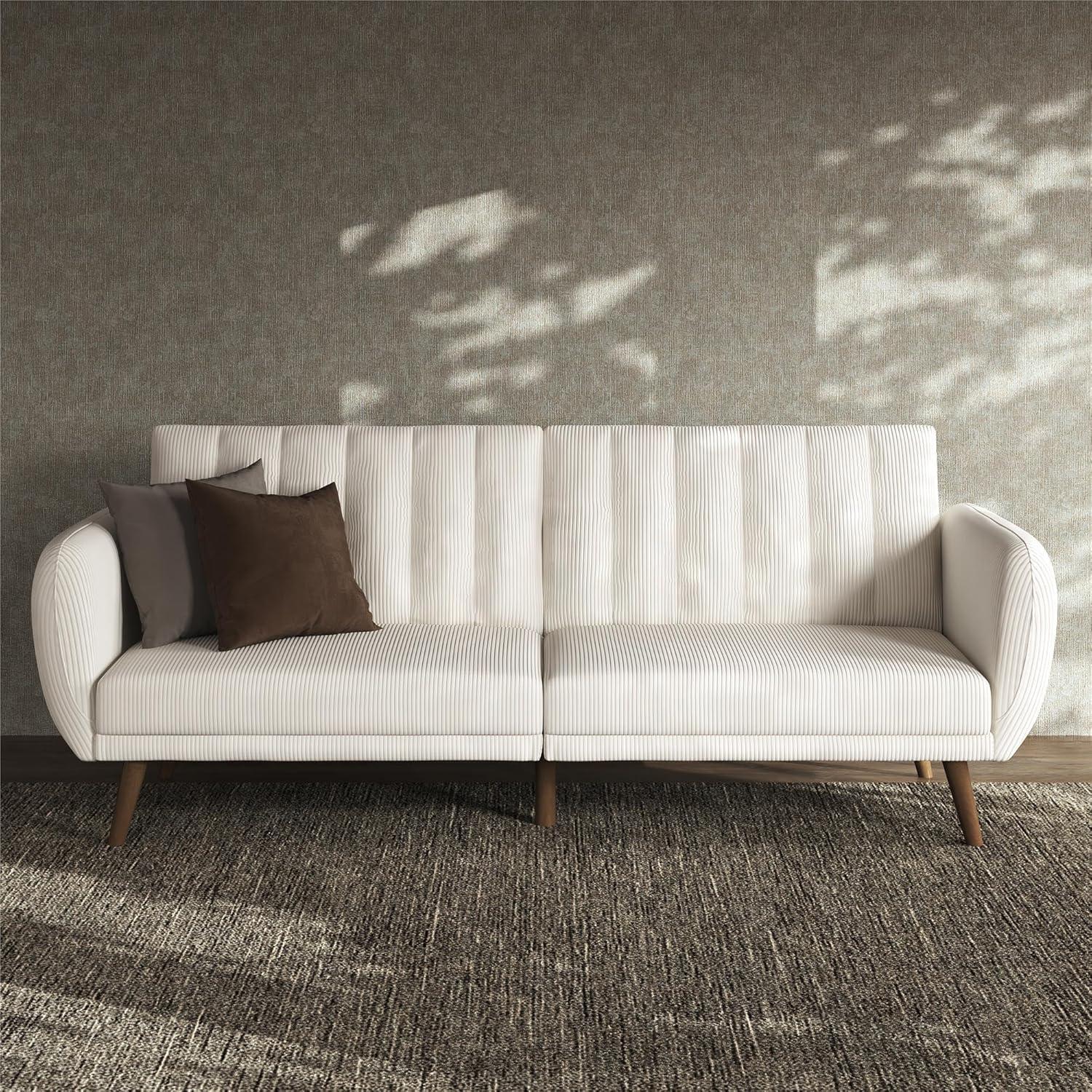 Ivory Corduroy Faux Leather Sleeper Sofa with Wood Legs