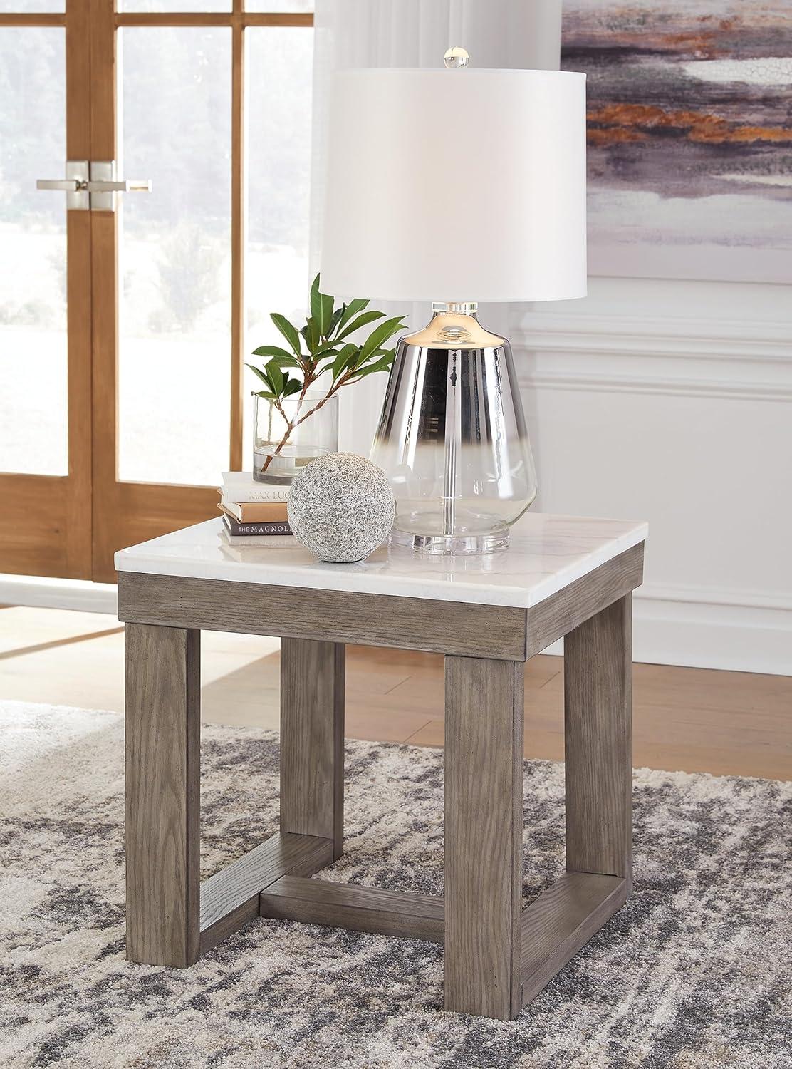 Light Brown Wood End Table with White Marble Top