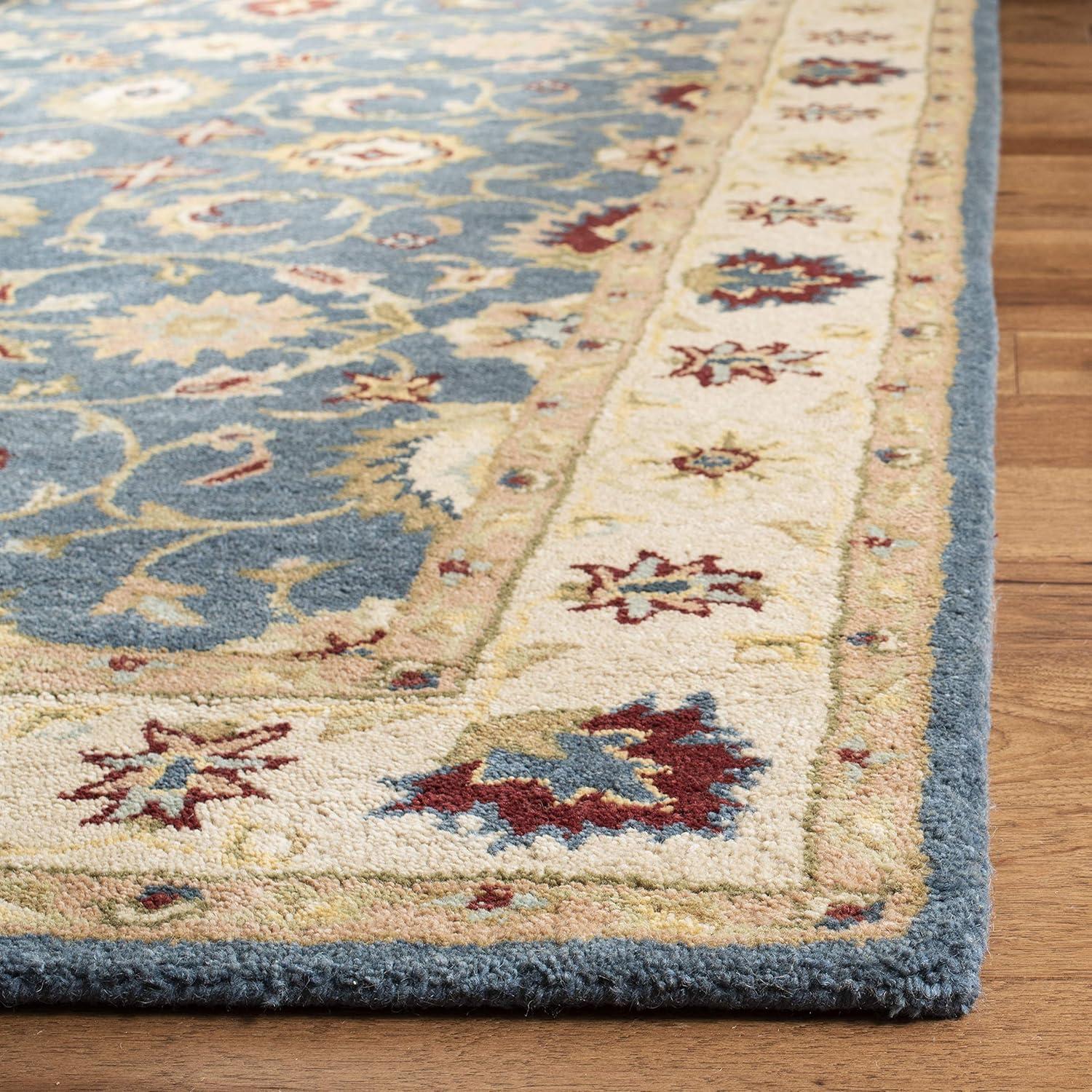 Antiquity Inspired Blue and Beige Handmade Wool Area Rug - 7'6" x 9'6"