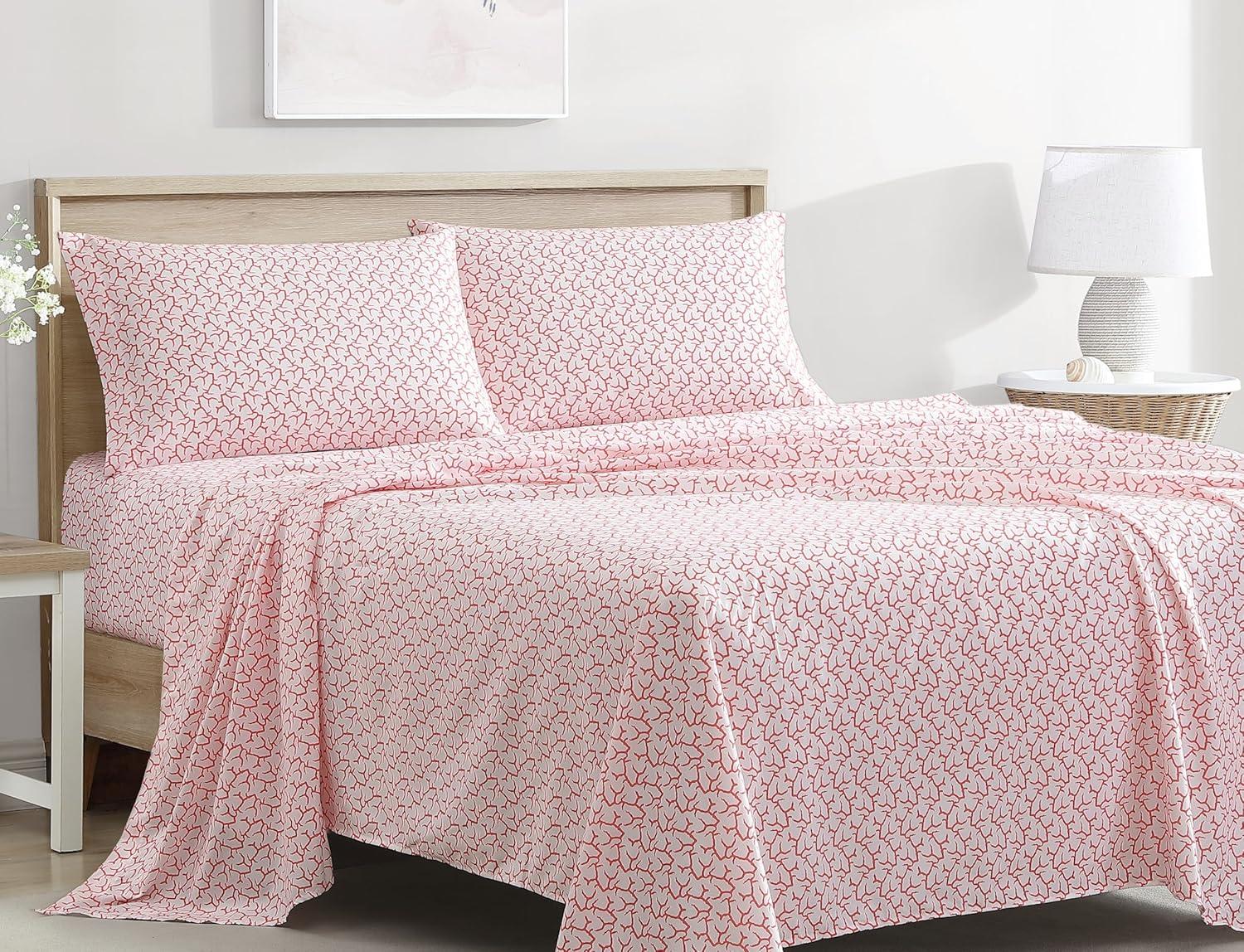 Coastal Print Microfiber Sheet Set, Full, Burnt Coral