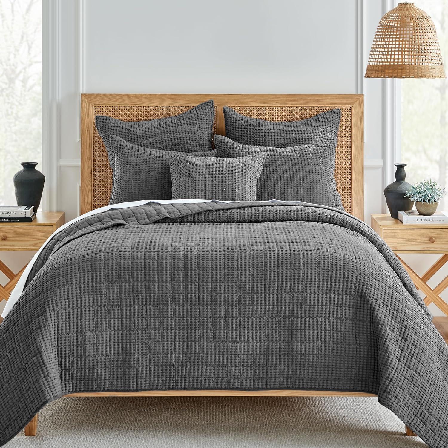 Mills Waffle Charcoal Quilt Set - One King Quilt and Two King Shams - Levtex Home