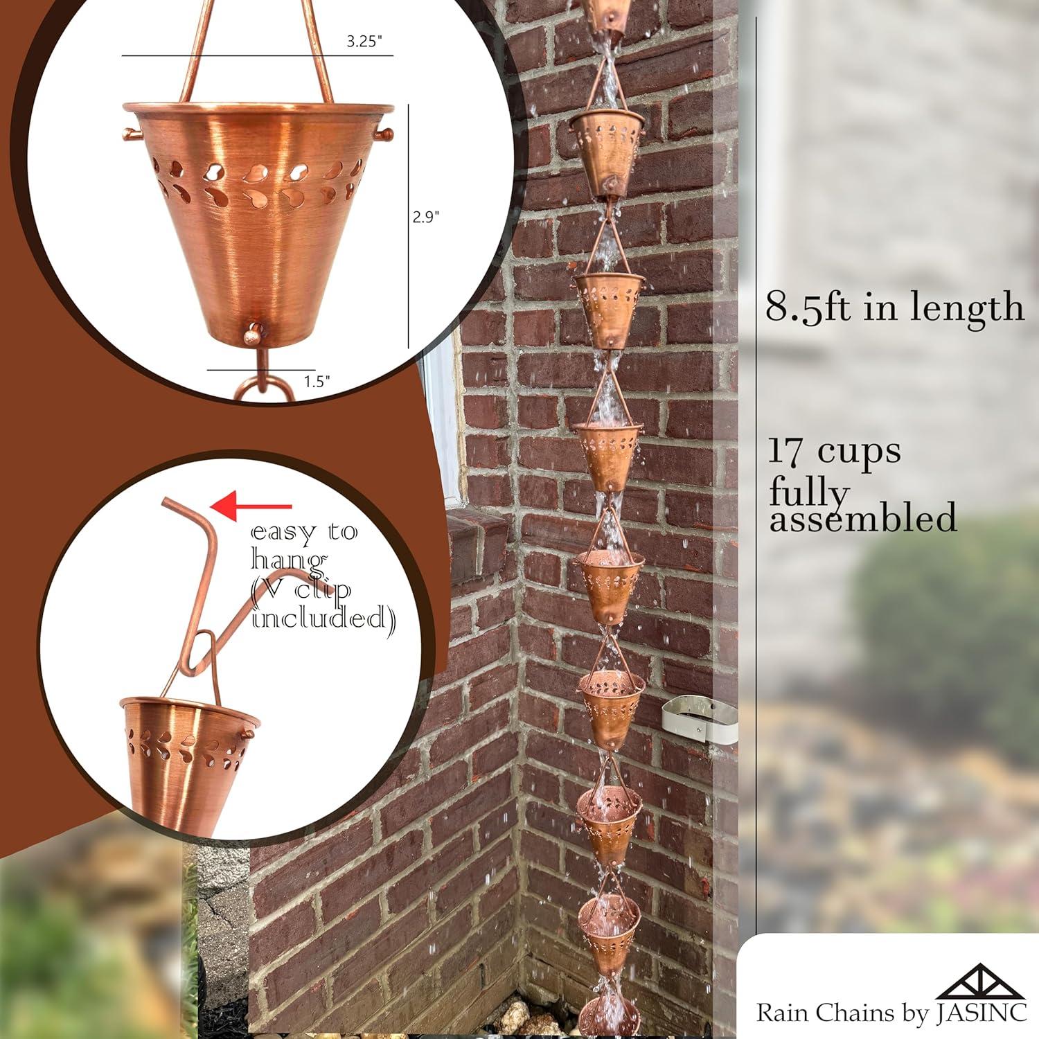 Rain Chains by JASINC 8.5 ft Fiona Rain Chain Copper, Water Diverter, JAS3004C