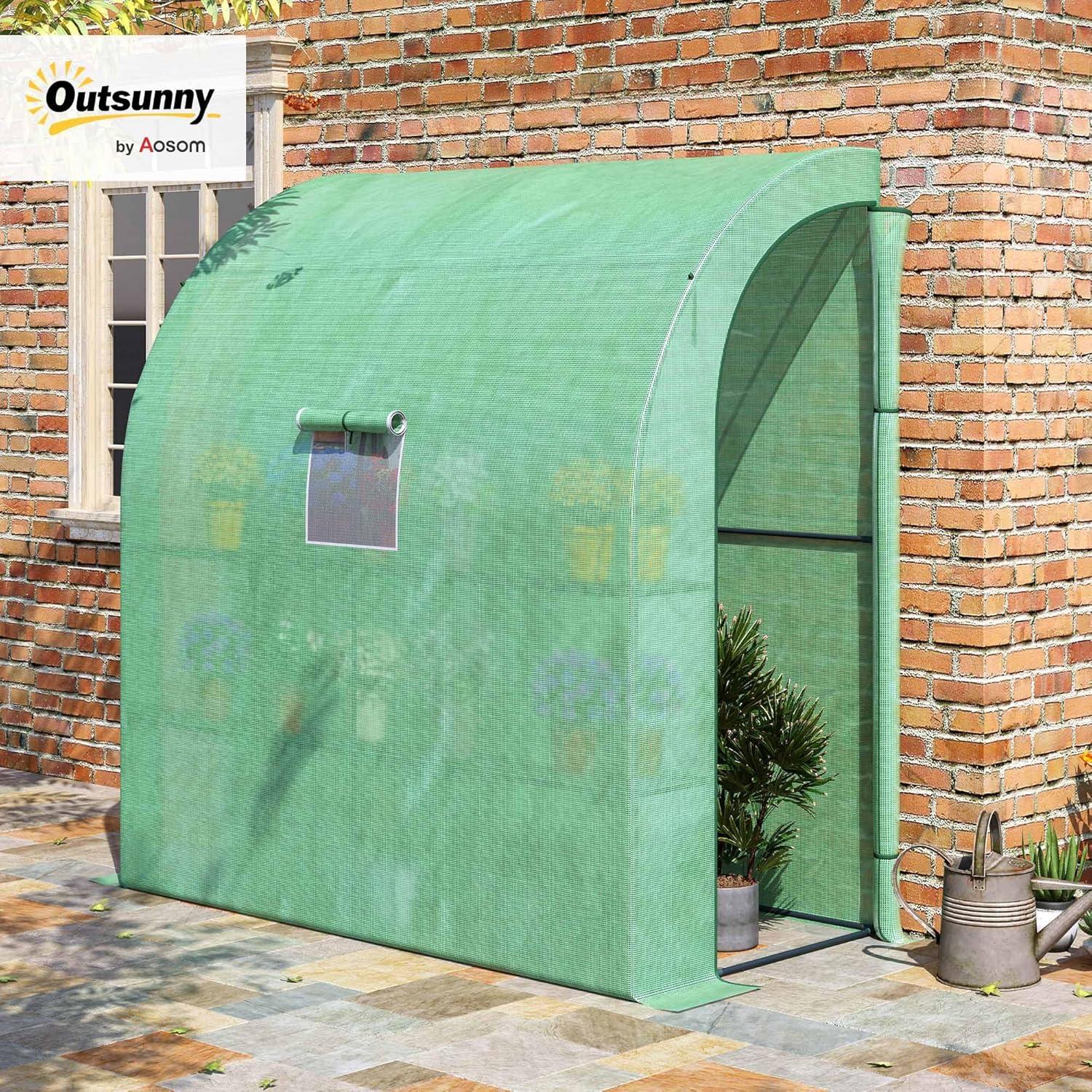 HLILish Outsunny 7' X 3' X 7' Lean To Greenhouse, Walk-In Green House, Plant Nursery With 2 Roll-Up Doors And Windows, PE Cover And 3 Wire Shelves