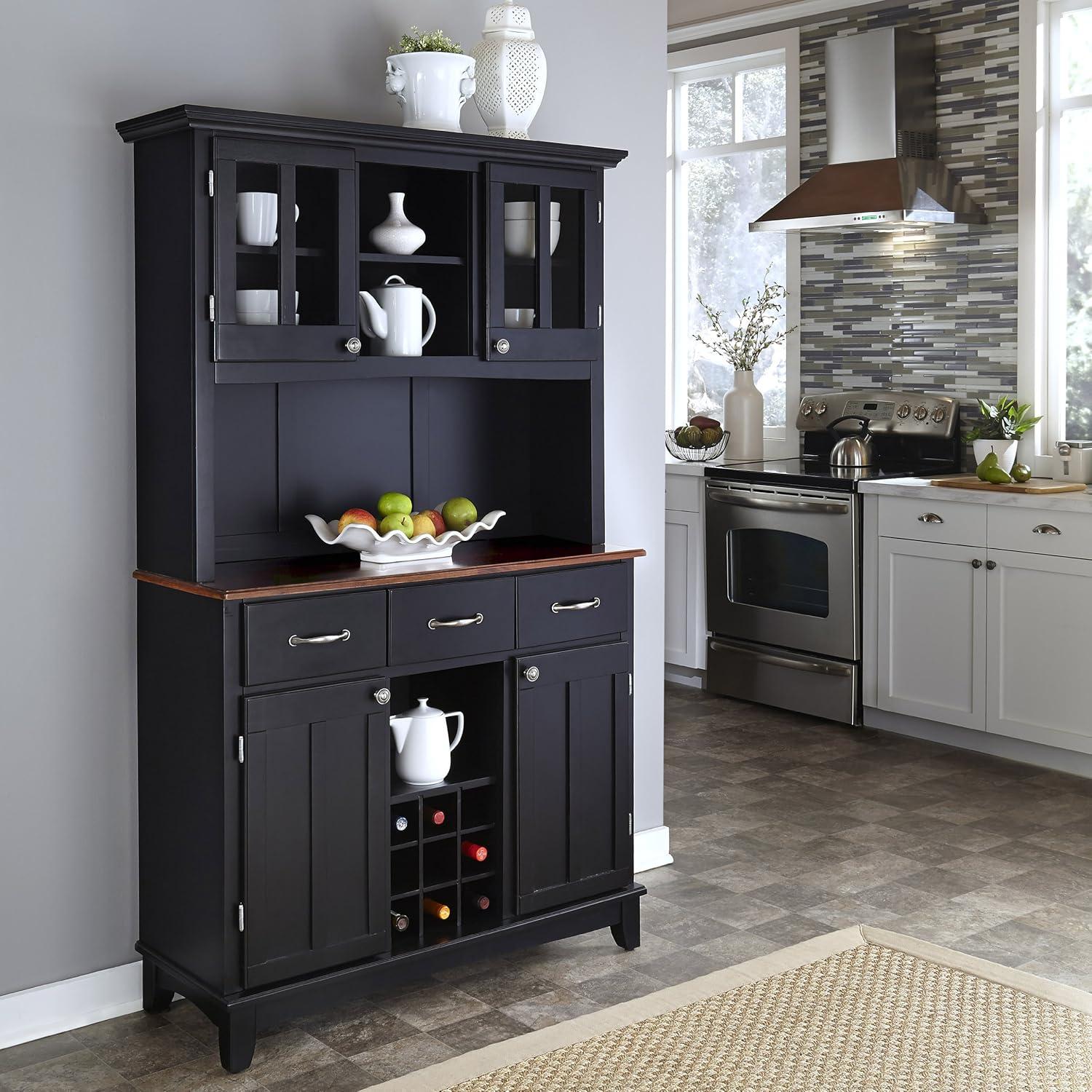 Cherry Top Black Hardwood Buffet Server with Hutch and Wine Rack