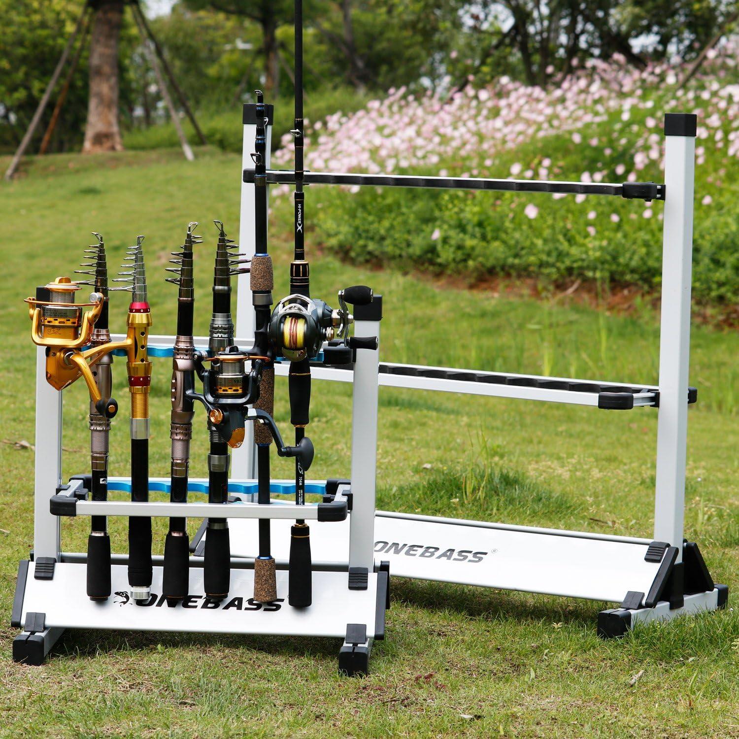 One Bass Fishing Rod Rack Metal Aluminum Alloy Fishing Rod Holder Portable Rod Organizer for All Type Fishing Pole, Hold Up to 12 Rods