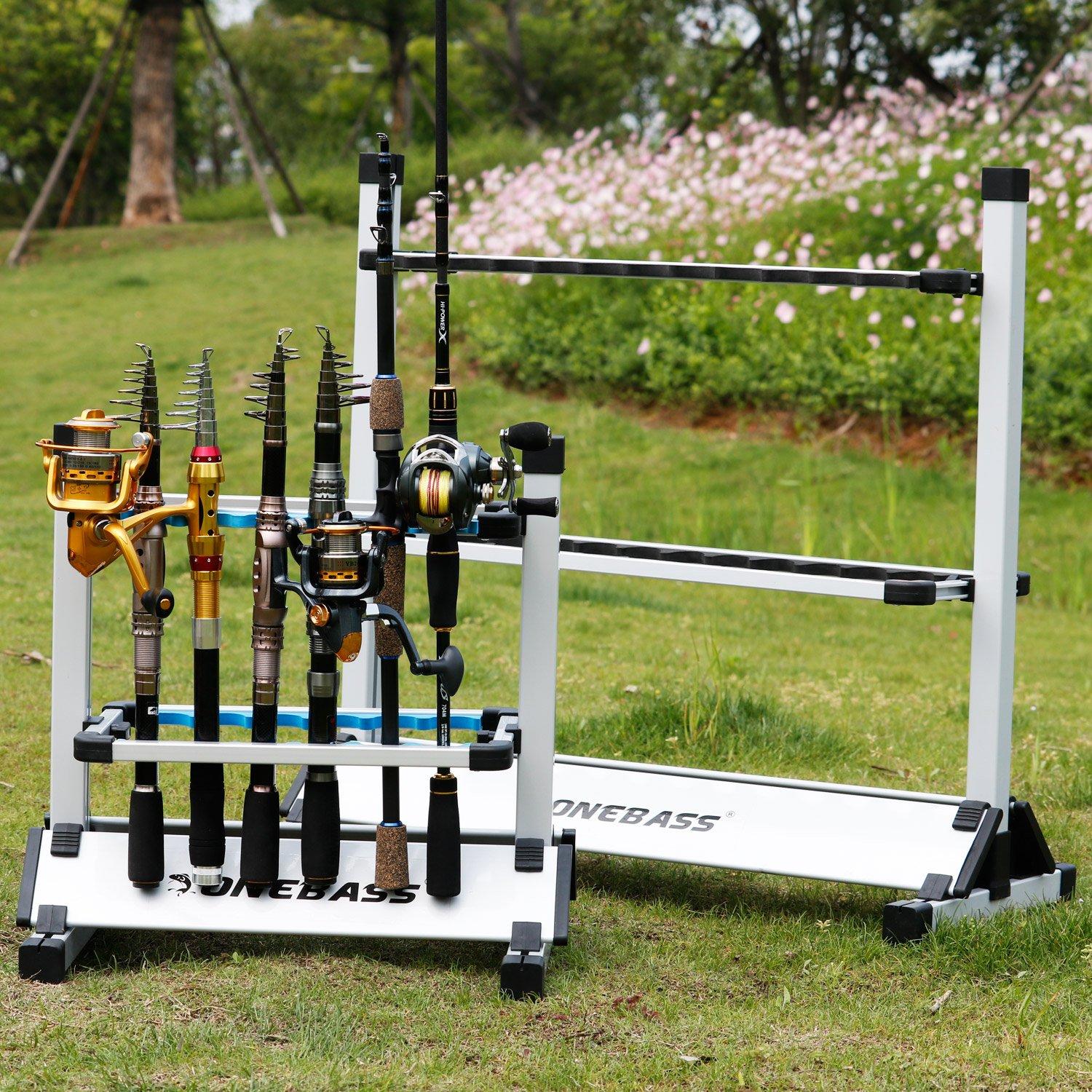 One Bass Fishing Rod Rack Metal Aluminum Alloy Fishing Rod Holder Portable Rod Organizer for All Type Fishing Pole, Hold Up to 12 Rods