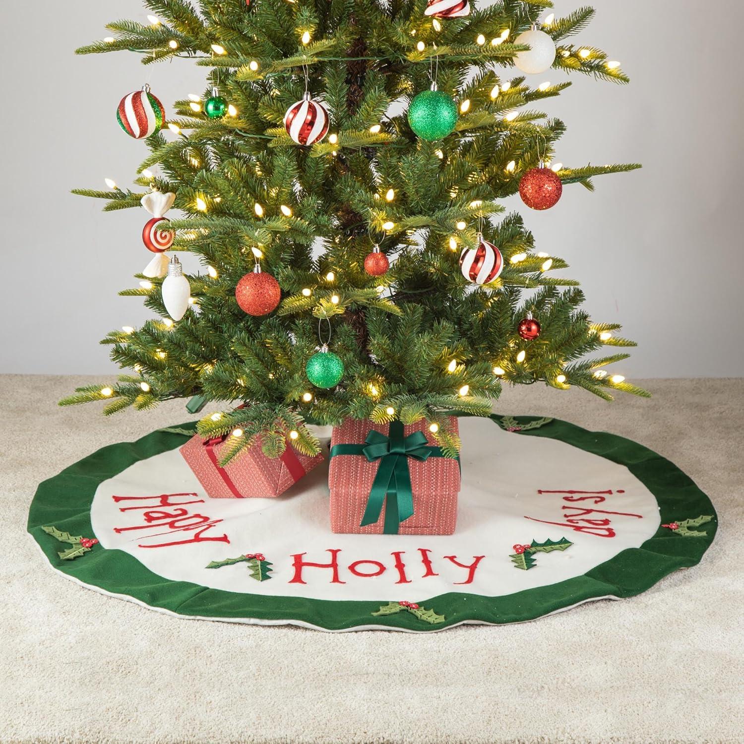 48" Green and White Felt Christmas Tree Skirt with Holly Leaves