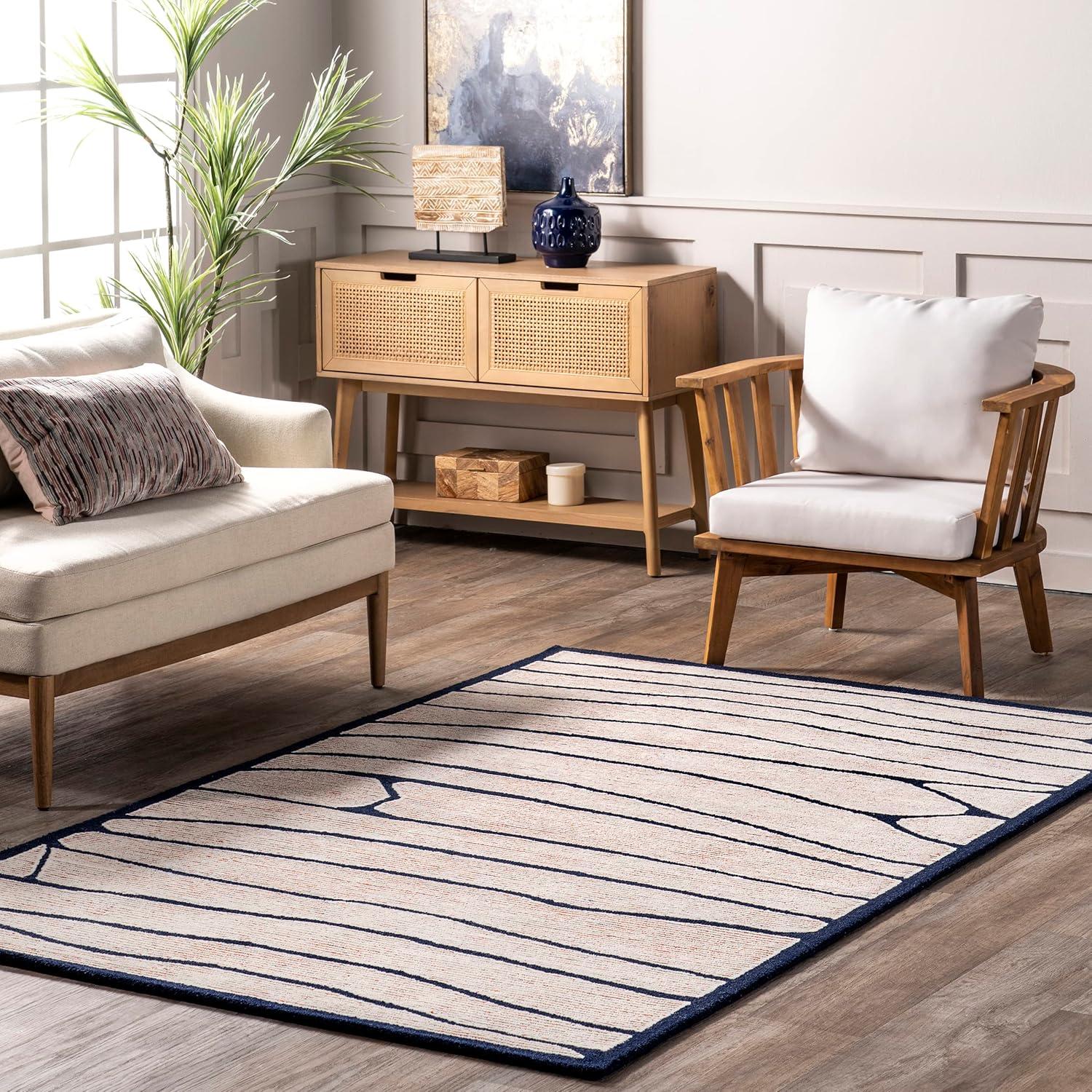 Addie Ivory and Blue Striped Wool Area Rug