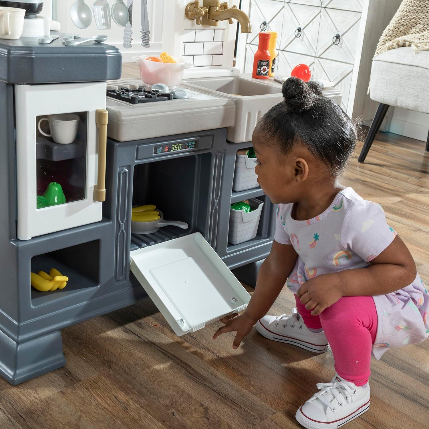 Step2 Gilded Gourmet Kitchen Playset For Kids Includes 20 Plus Toy Kitchen Accessories Interactive Features For Realistic Pretend Play White Blue Gray Modern Farmhouse Style Play Kitchen