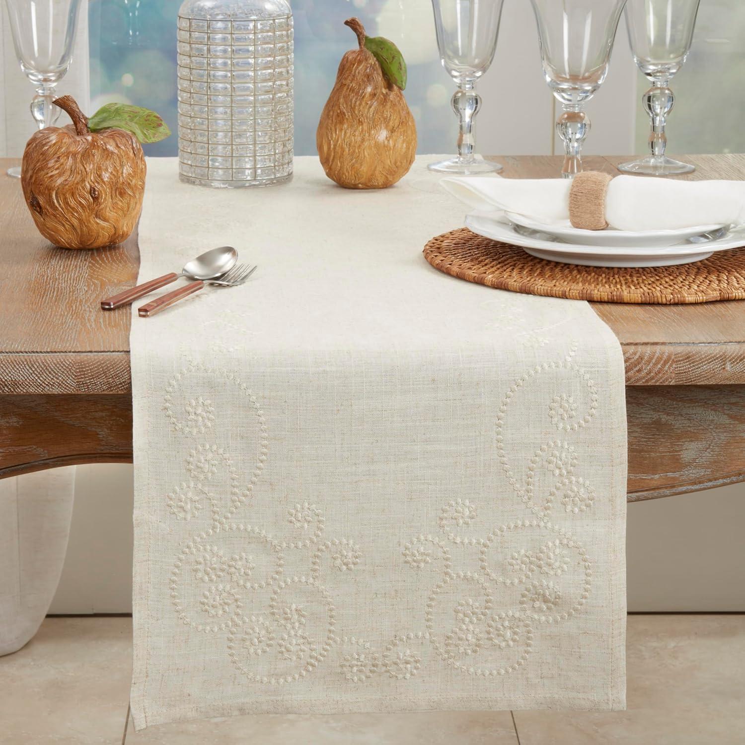 Saro Lifestyle Embroidered Swirl Natural Linen Blend Tablecloth, Natural, 67"x67",