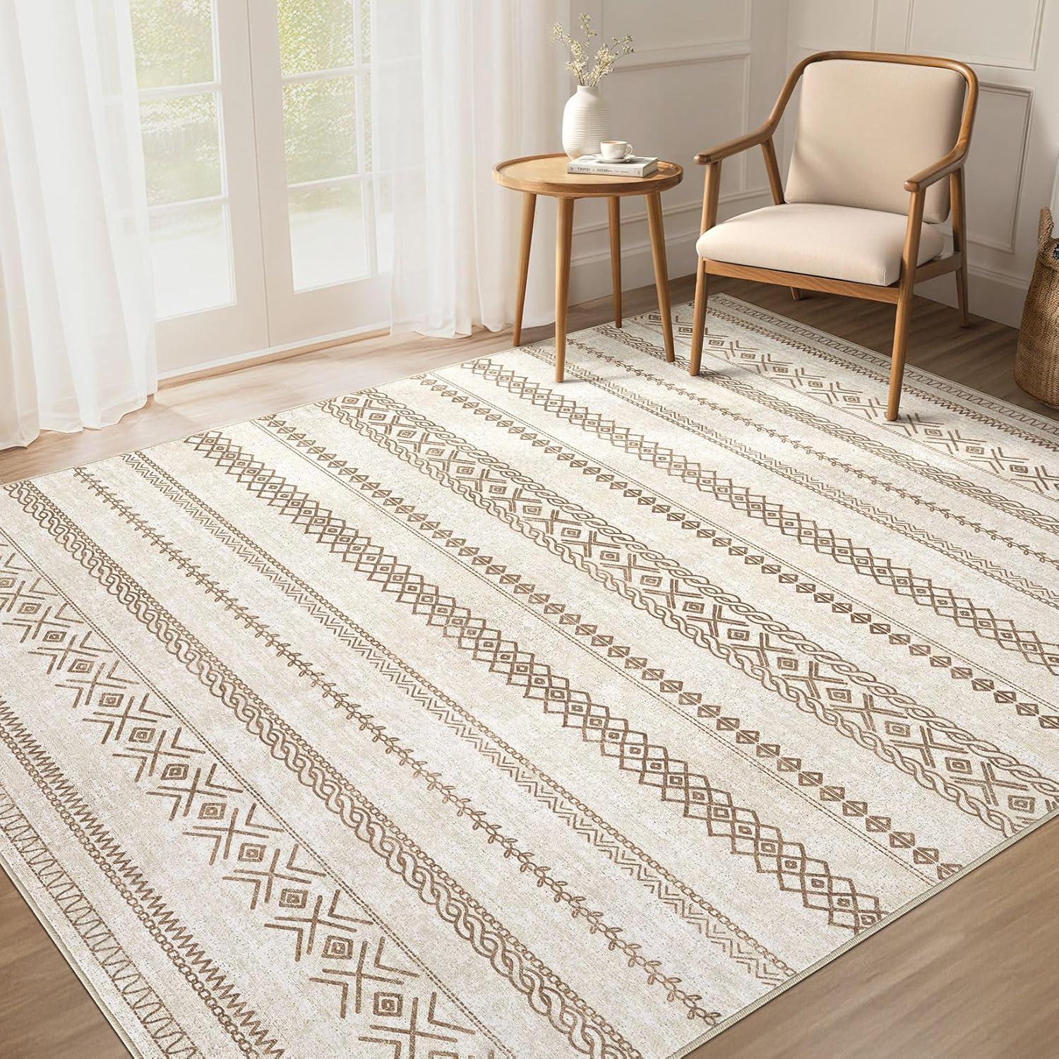 Large Living Room Area Rug 5x7: Soft Machine Washable Boho Moroccan Farmhouse Rugs for Bedroom Under Dining Table - Non-Slip Neutral Morden Indoor Floor Carpet for Home Office - Brown/Cream