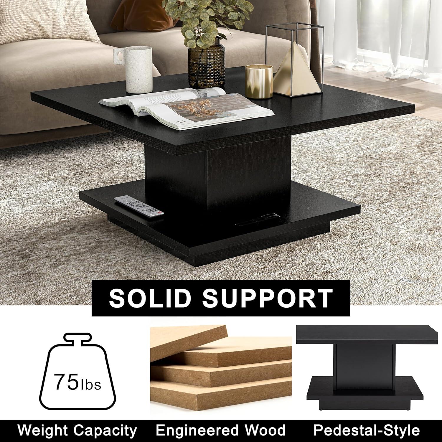 24/7 Shop at Home Lukas 31 inch Square Coffee Table with Hidden Storage and Base Shelf, Contemporary Furniture for Living Room, Home Office, Apartment, Small Space, Black