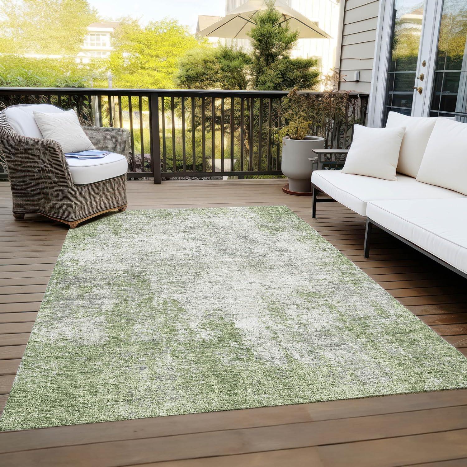 Green Abstract Flat Woven Synthetic Indoor Outdoor Rug