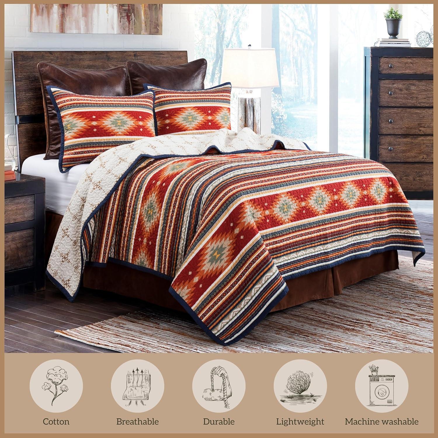 Paseo Road by HiEnd Accents Del Sol Red/Orange/Tan Aztec Print Cotton Southwestern Style Reversible Quilt Set