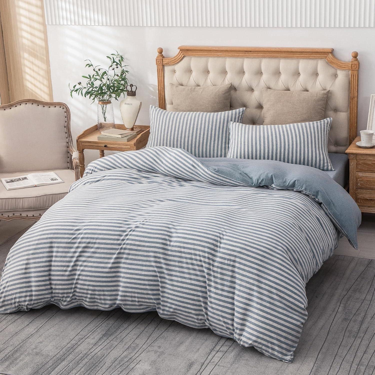 PURE ERA Jersey Knit 100% Cotton Striped Duvet Cover Set With Zipper Closure Reversible bedding,Blueish Grey Stripe, King Size