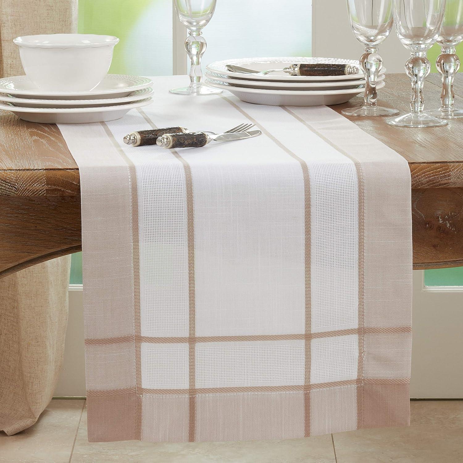 Beige and Tan Polyester Table Runner with Banded Border