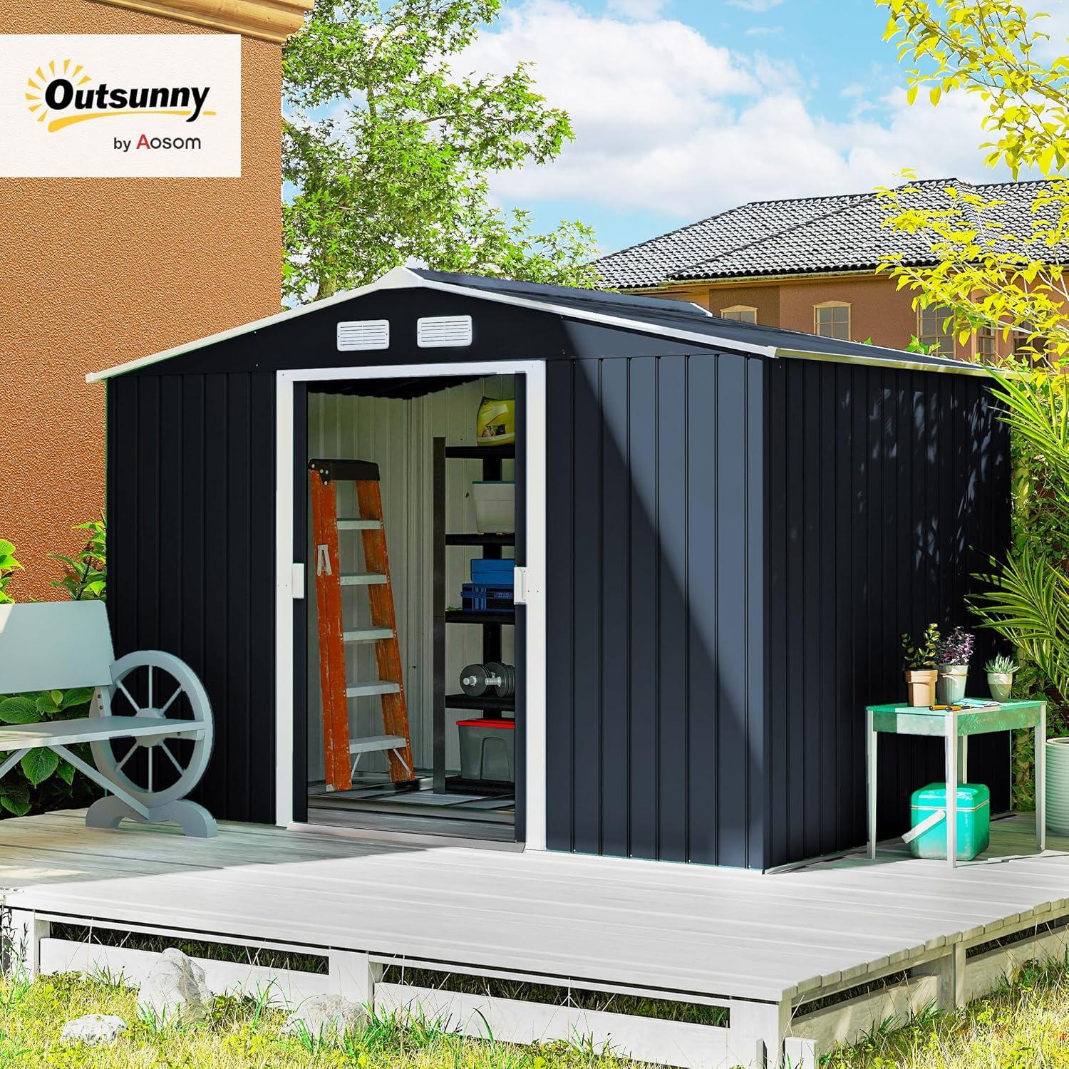 Outsunny 9' x 6' Metal Storage Shed Organizer, Garden Tool House with 4 Vents and 2 Sliding Doors for Backyard, Patio, Garage, Lawn, Dark Gray
