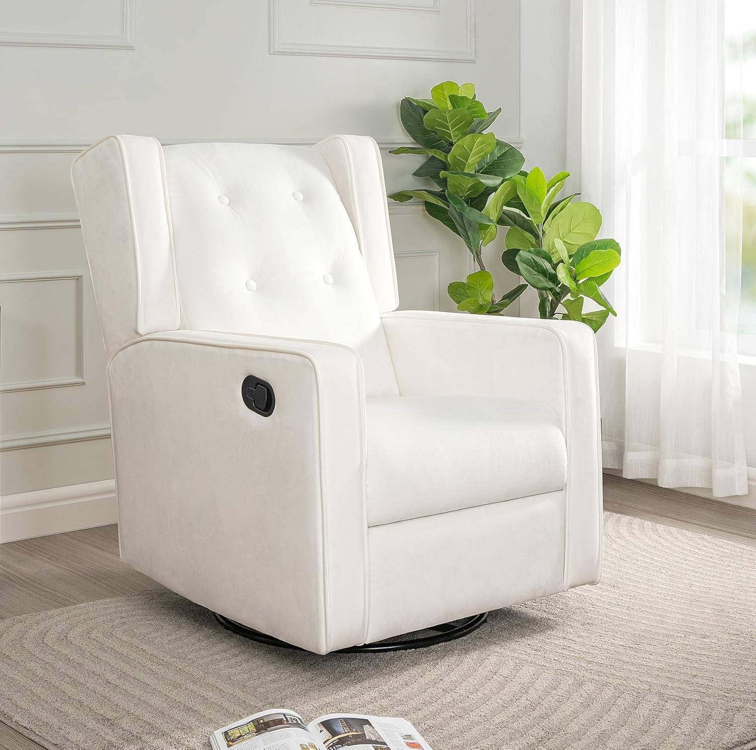 Odelia 360 Swivel Glider Rocker Recliner, Tufted Nursery Chair with Manual Puller, Plush Cushioning, Soothing Rocking Motion with Microfiber Fabric for Living Room, Bedroom, Apartment Cream