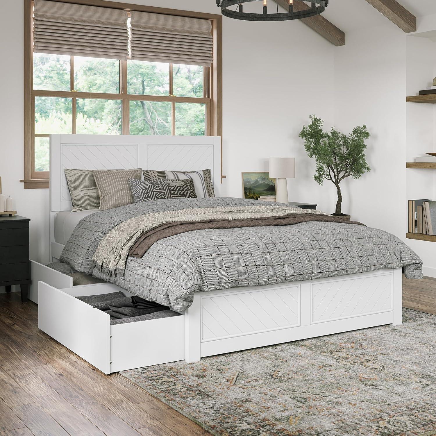AFI Canyon Cama con Plataforma de Madera Maciza Blanca con Pie de Cama a Juego y Cajones de Almacenamiento, Completo