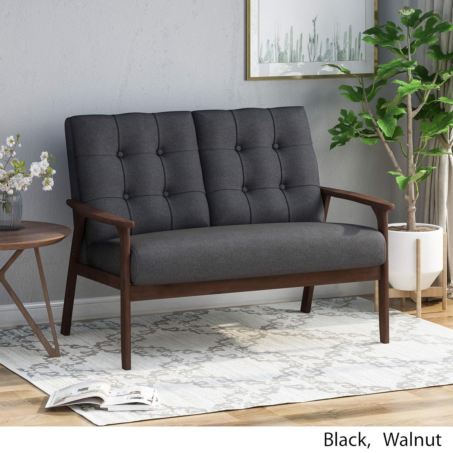 GDFStudio Norwood Mid-Century Modern 45.60" Upholstered and Rubberwood Loveseat, Charcoal Gray/Walnut