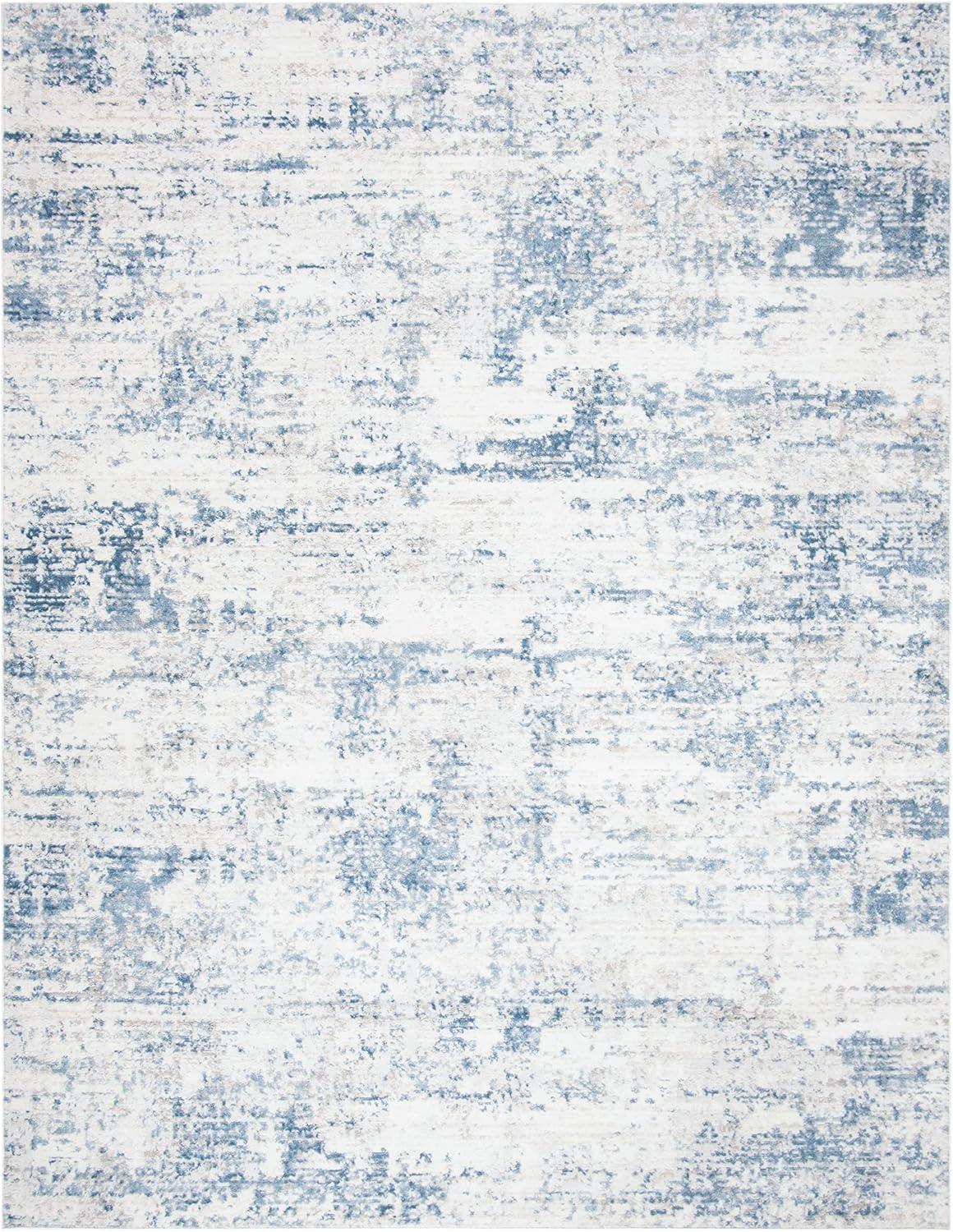 Ivory & Blue Abstract Hand-Knotted 9' x 12' Synthetic Area Rug