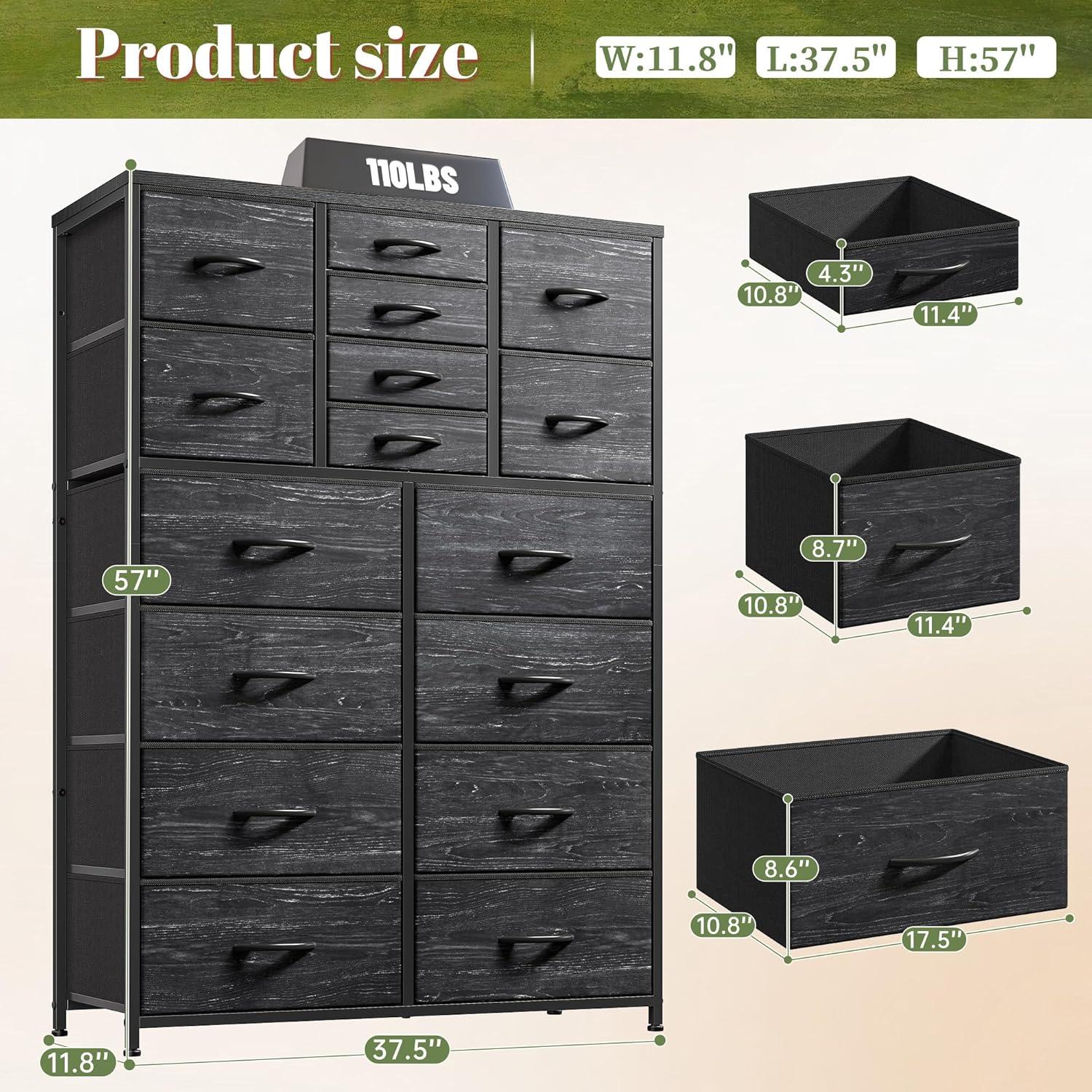 Dresser, Black Dresser, Wood Top, Metal Frame High Dresser and Chest of Drawers for Bedroom and Entryway, Bedroom High Dresser with 16 Drawers, Black
