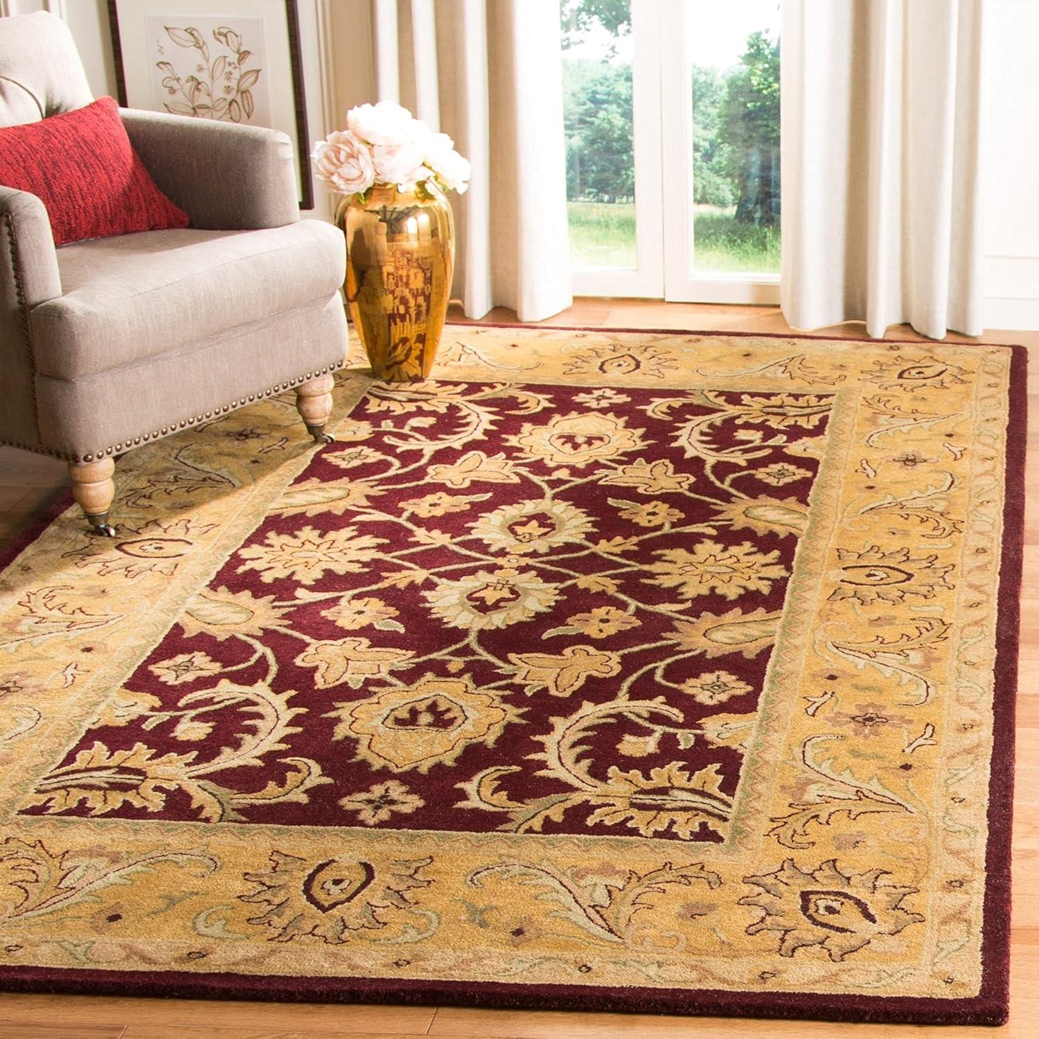 Burgundy and Gold Hand-Tufted Wool Persian Area Rug