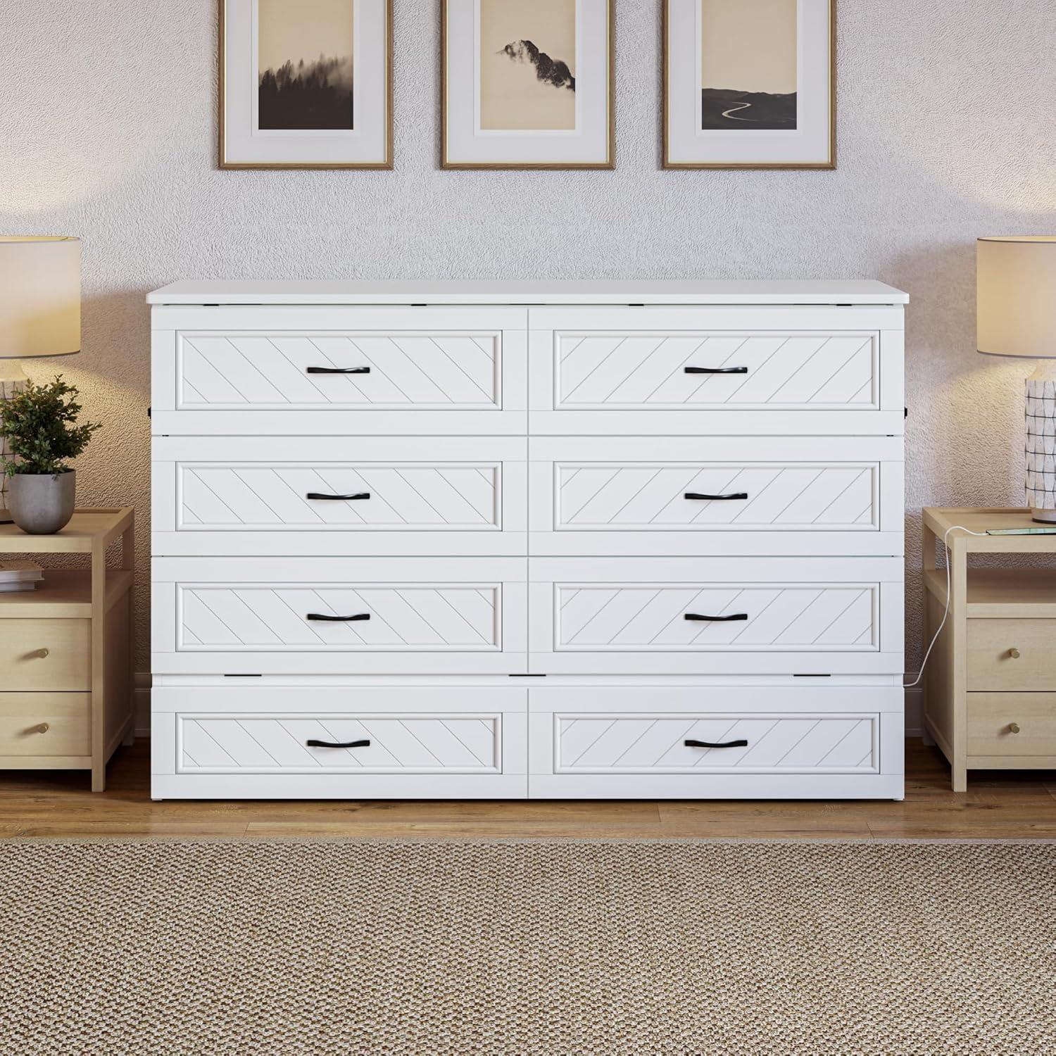 AFI Alpine Queen Wood Murphy Bed Chest with Mattress and Built-in Charger, White