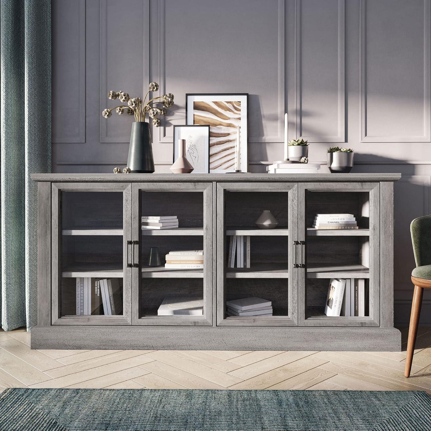 Gray Wash Modern Farmhouse Wood Sideboard Buffet with Glass Doors