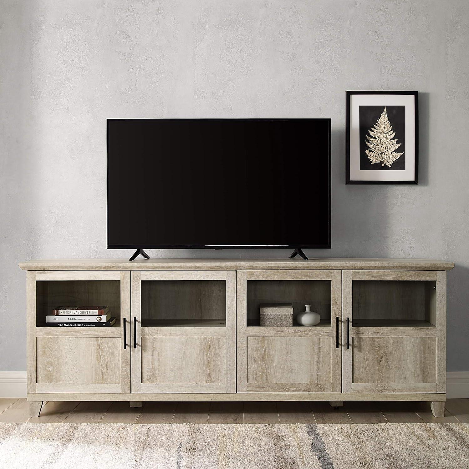 Transitional White Oak 70" TV Console with Glass Panel Doors