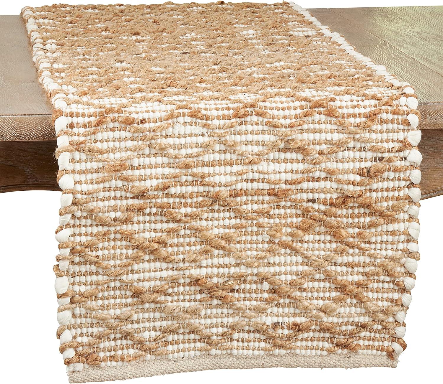 Fennco Styles Diamond Chindi Textured Table Runner 16" W x 72" L - Ivory Jute Cotton Woven Table Cover for Home, Dining Room, Banquets, Family Gathering and Special Occasion