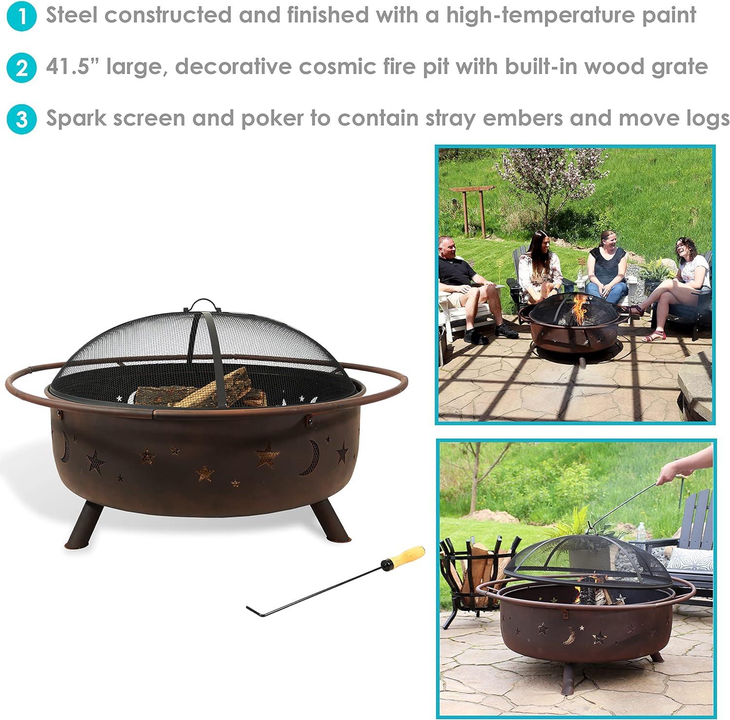 Sunnydaze Cosmic 42" Round Wood-Burning Bronze Finish Steel Fire Pit with Spark Screen