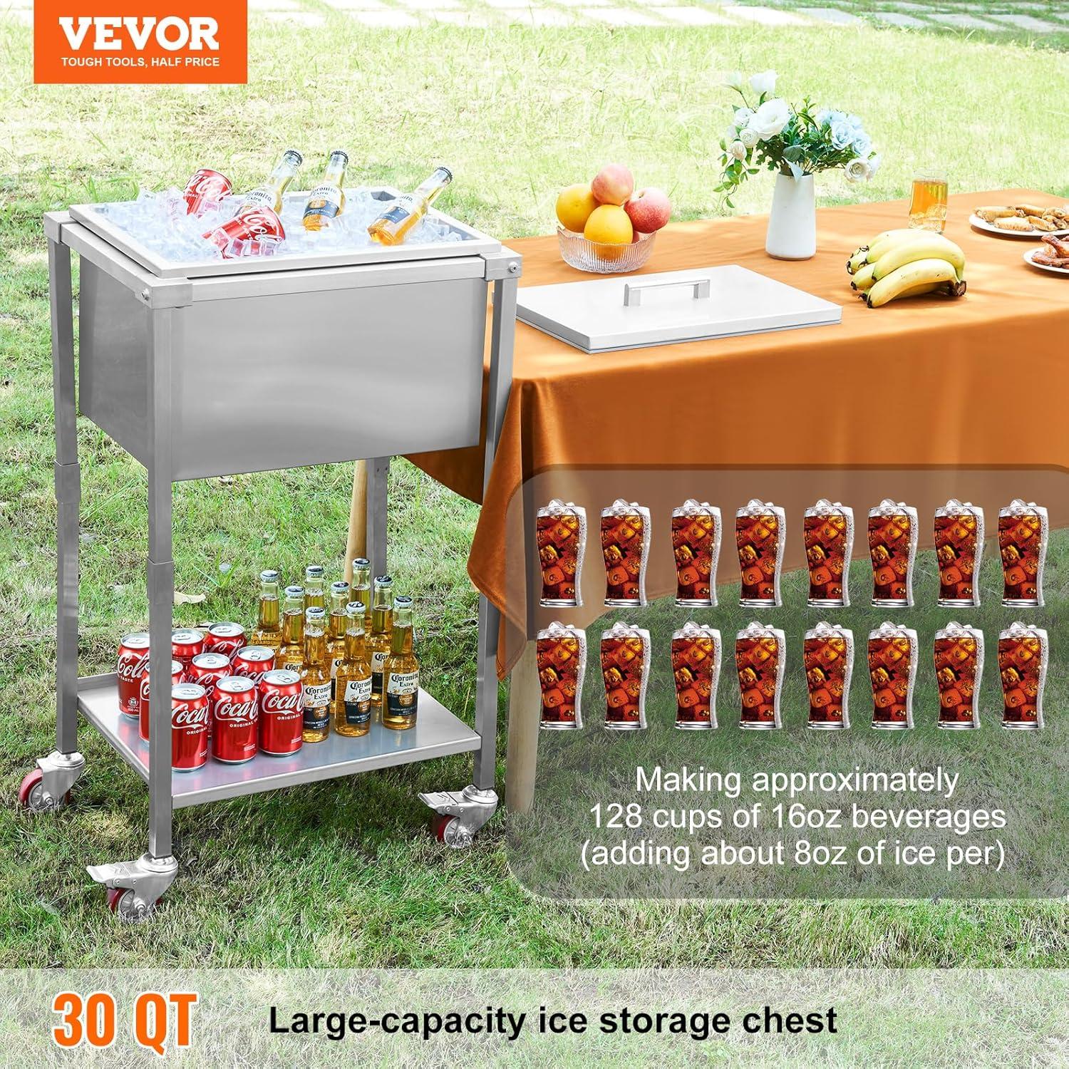 VEVOR 32qt Rolling Ice Chest Cooler Cart Outdoor Stand Up Cooling Bin on Wheels