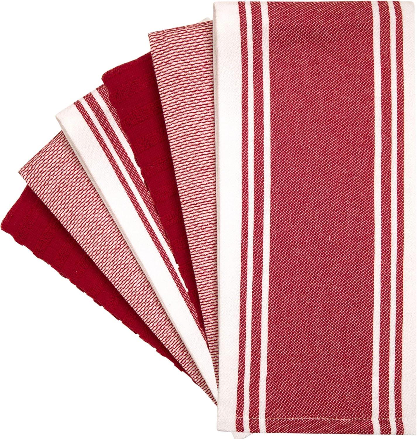 Premium Kitchen Towels (20”x 28”, 6 Pack) – Large Cotton Kitchen Hand Towels – Flat & Terry Towel – Highly Absorbent Tea Towels Set with Hanging Loop (Wide Stripe Red)
