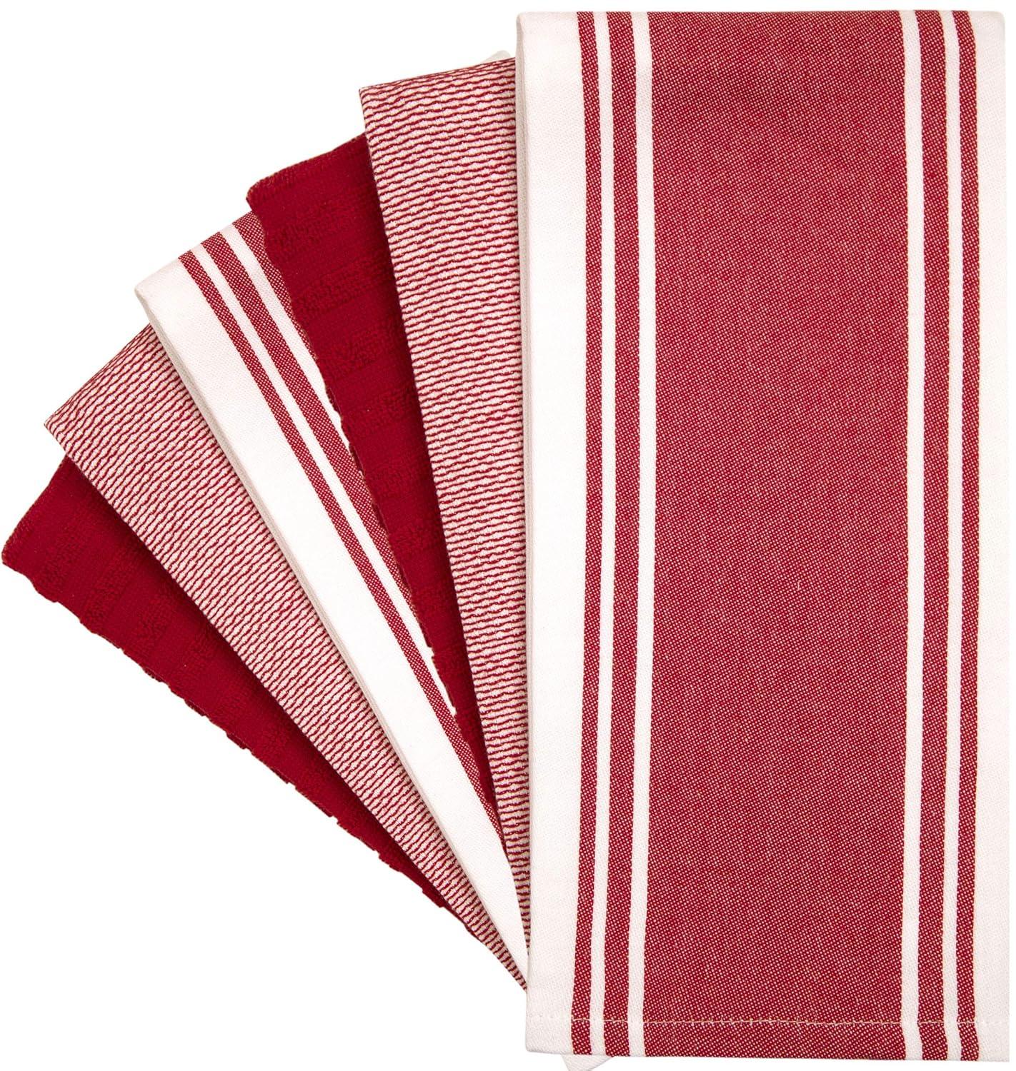 Premium Kitchen Towels (20”x 28”, 6 Pack) – Large Cotton Kitchen Hand Towels – Flat & Terry Towel – Highly Absorbent Tea Towels Set with Hanging Loop (Wide Stripe Red)