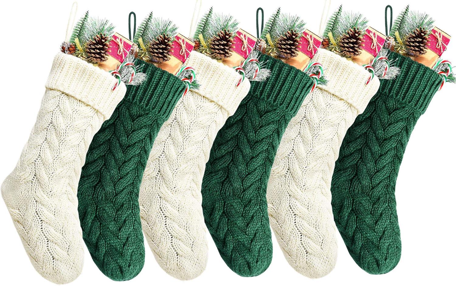 Set of 6 Burgundy, Ivory, Green Cable Knit Christmas Stockings