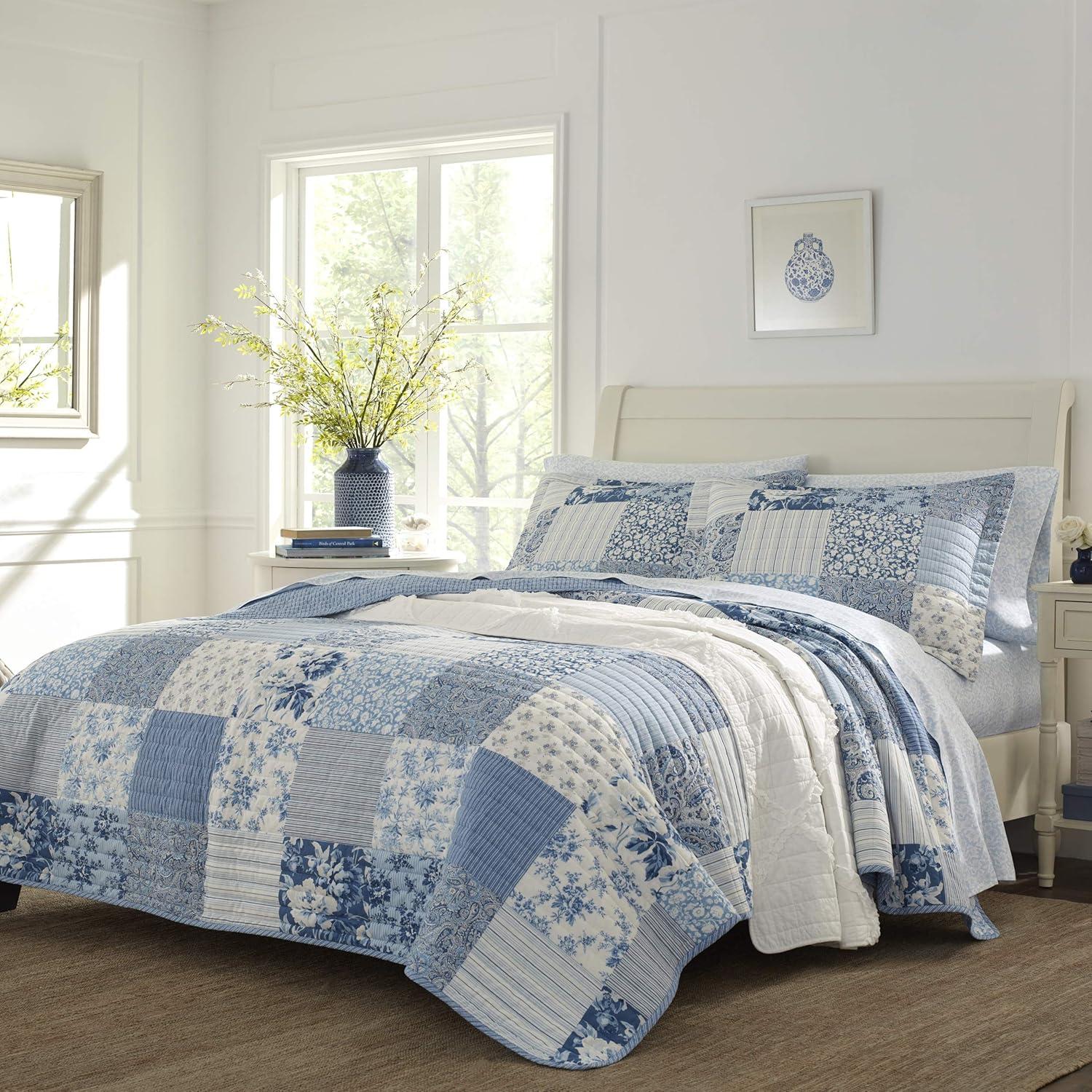 Laura Ashley Paisley Patchwork Cotton Reversible Blue Quilt Set