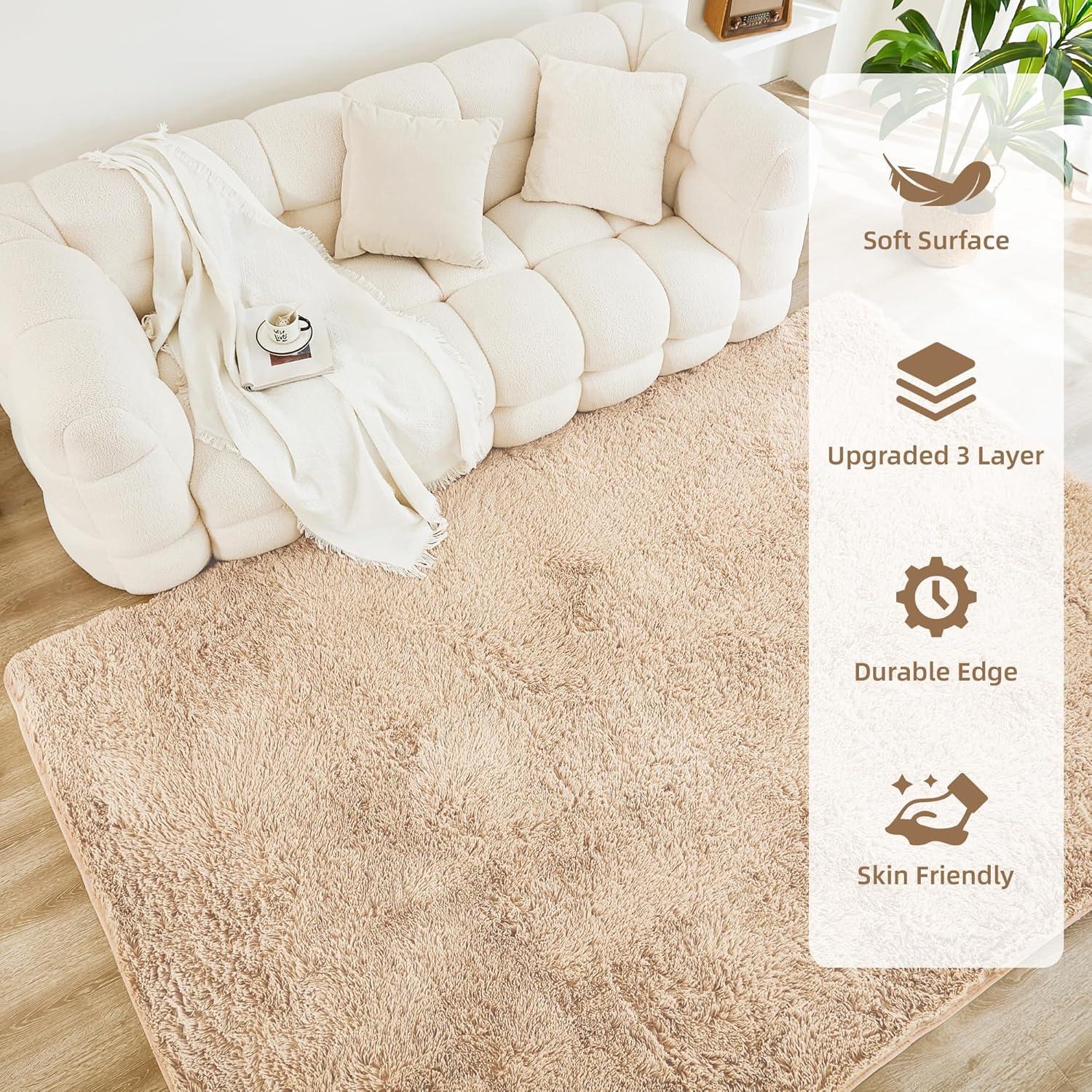 FlyDOIT Large Area Rugs for Living Room, 5x8 Feet Tie-Dyed Beige Shaggy Rug Fluffy Throw Carpets, Ultra Soft Plush Modern Indoor Fuzzy Rugs for Bedroom Girls Kids Nursery Room Dorm Home Decor