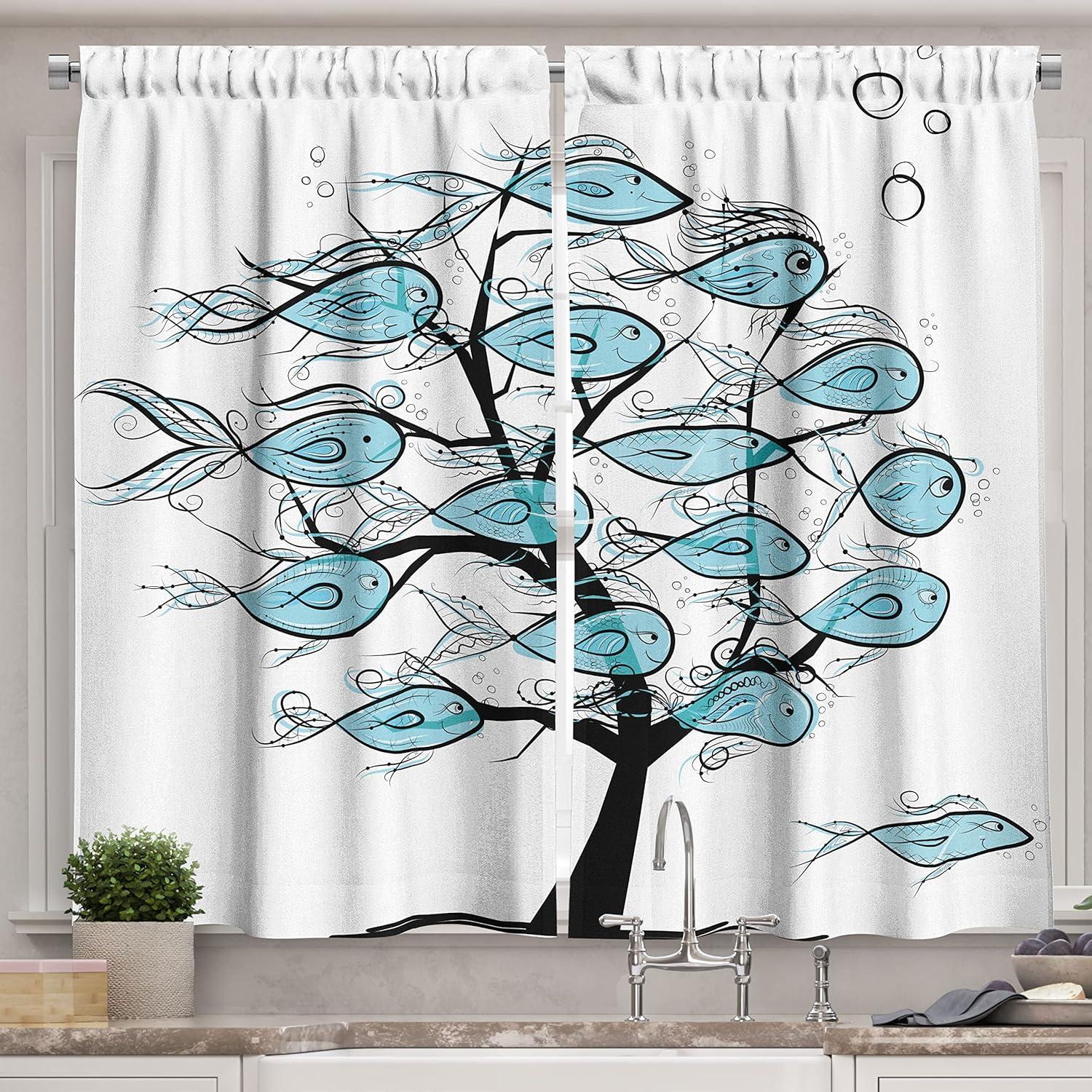 Blue and Black Fish Print Polyester Kitchen Curtains, Set of 2