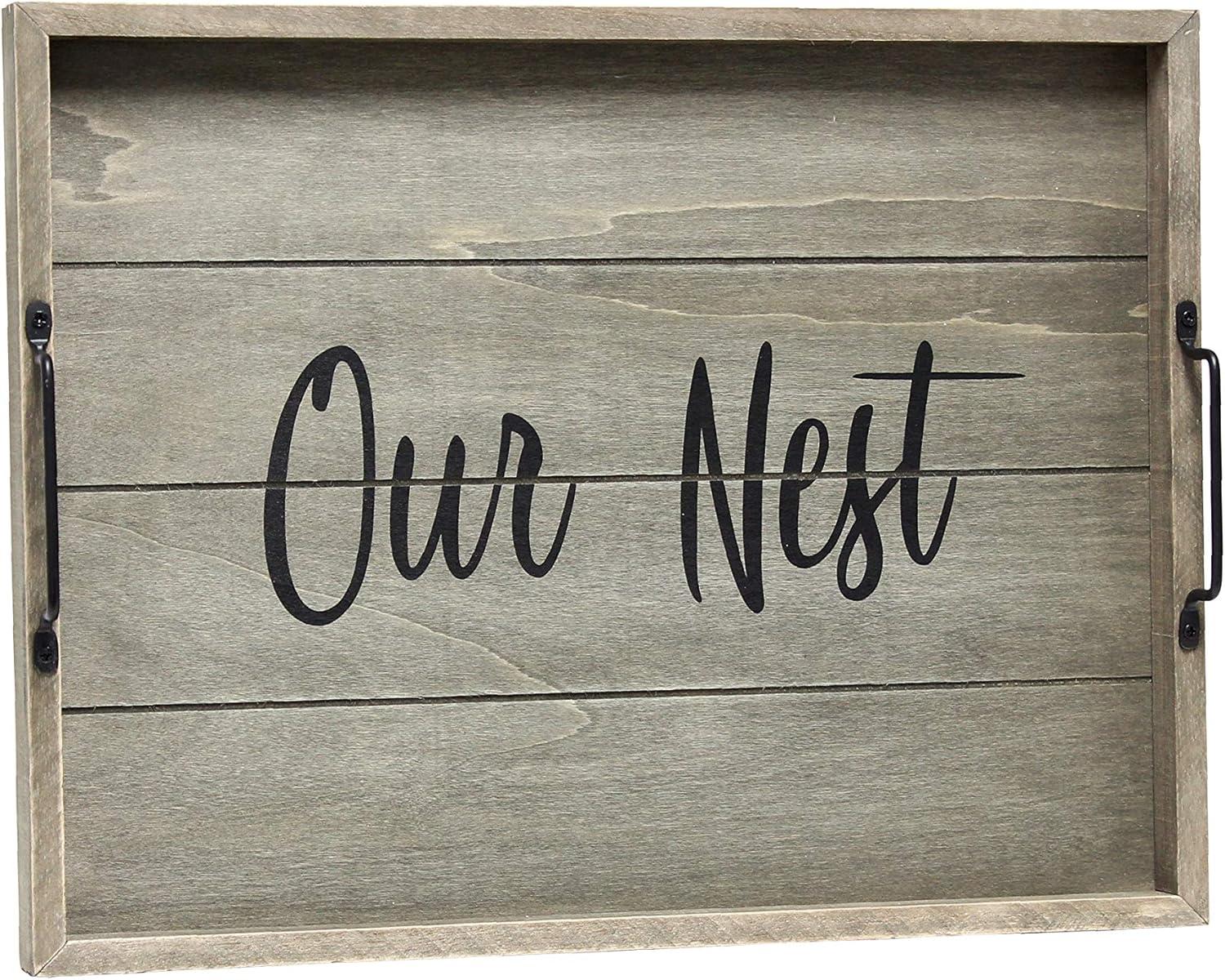 Elegant Designs 15.5" x 12" Decorative Wood Serving Tray, "Our Nest", Rustic Gray