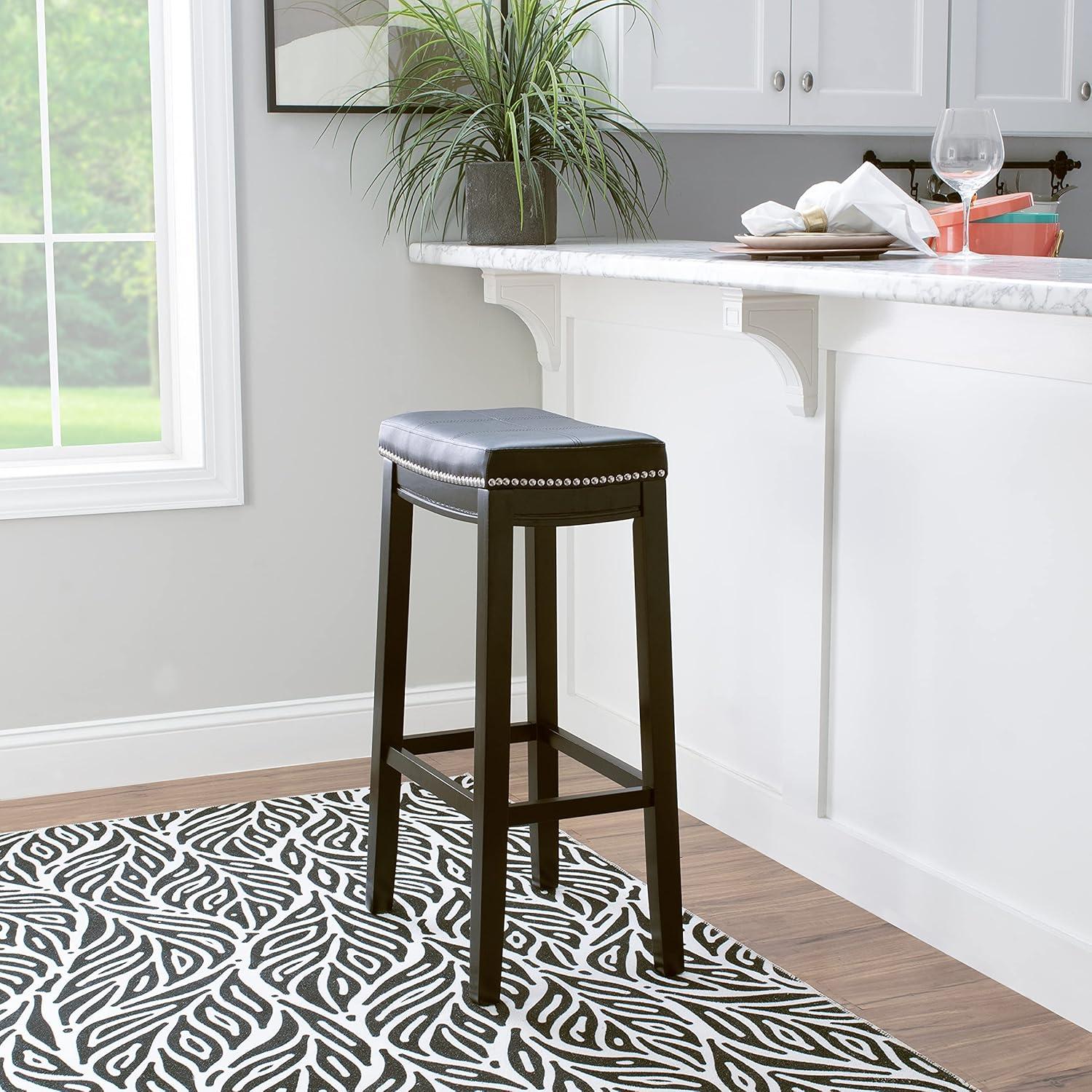 Claridge Backless Faux Leather Nailhead Saddle Barstool Black - Linon: Rubberwood Frame, 32.25" Height