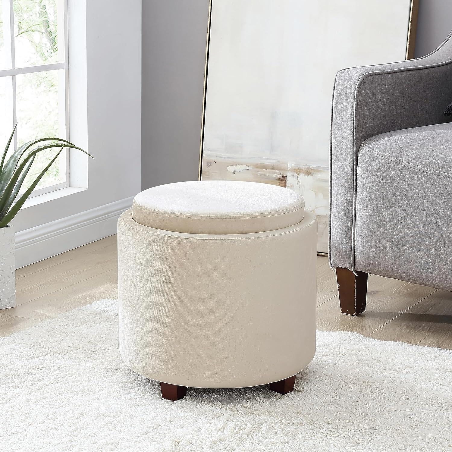 Ornavo Home Lawrence Round Storage Ottoman with Table Top Lid - Velvet Cream