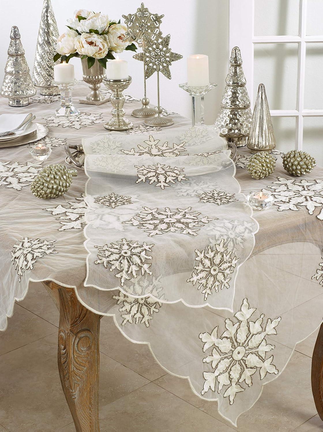 White Beaded and Embroidered Snowflake Table Runner