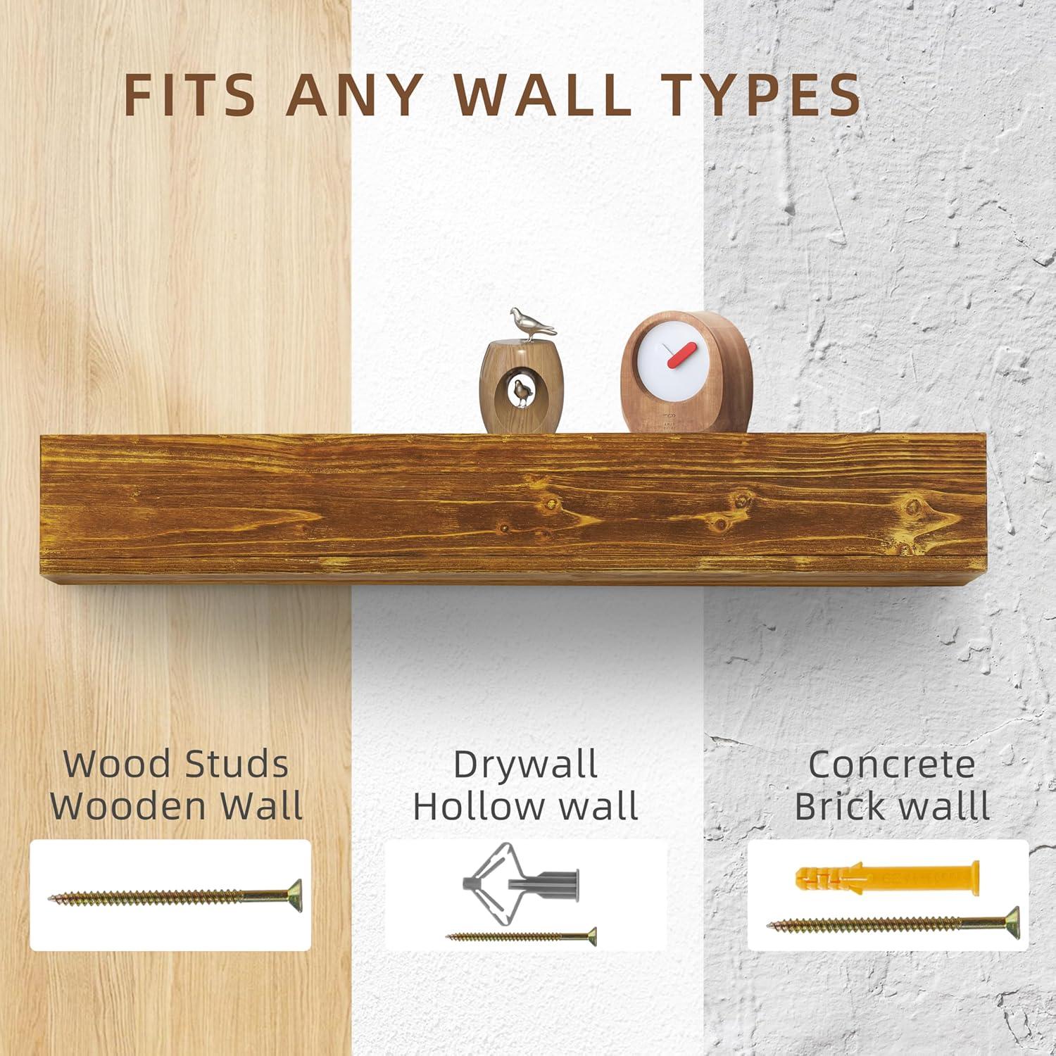 60" Rustic Wood Fireplace Mantel | Wall-Mounted & Floating Shelf for Home Decor